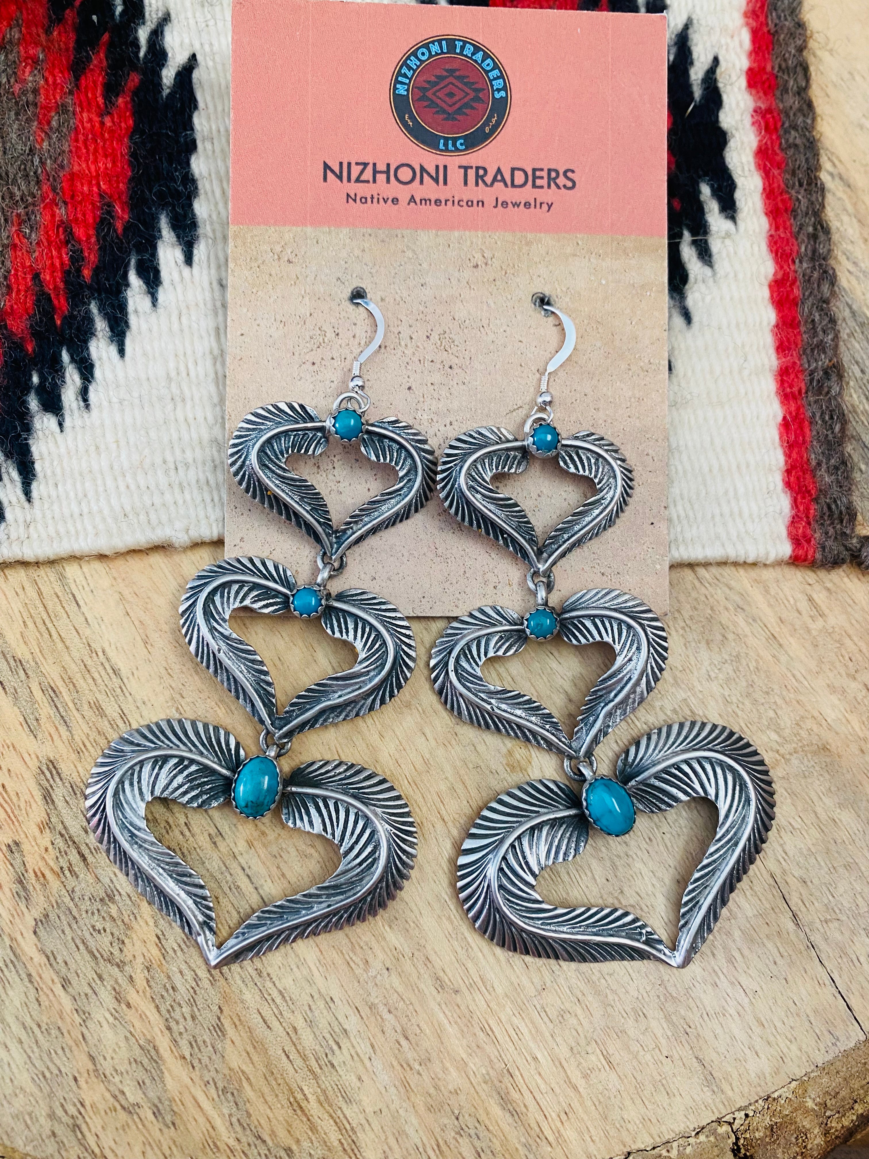 Handcrafted Turquoise & Sterling Silver Feather Heart Dangle Earrings