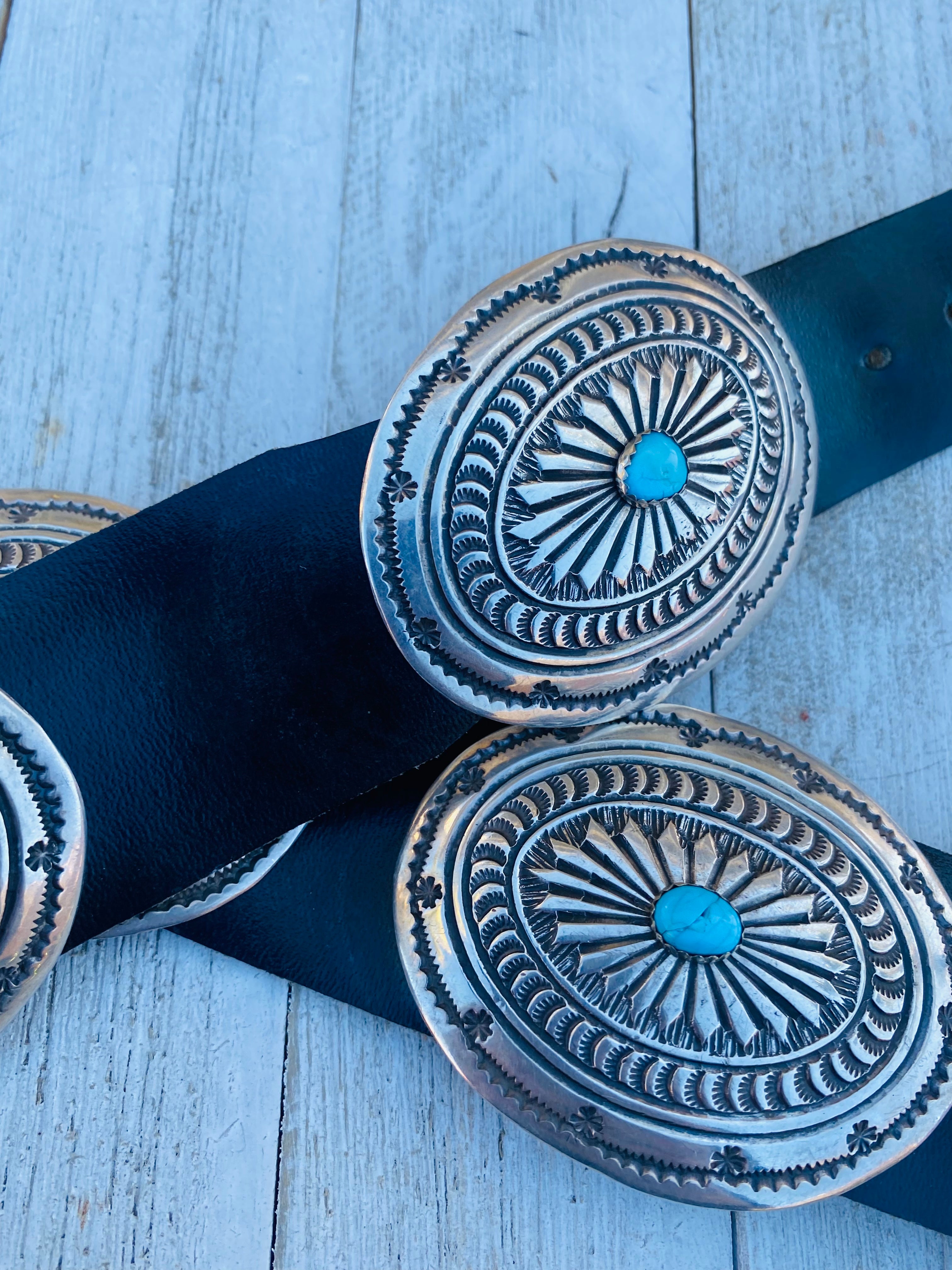 Handcrafted Vintage Black Leather And Sterling Silver Turquoise Concho Belt