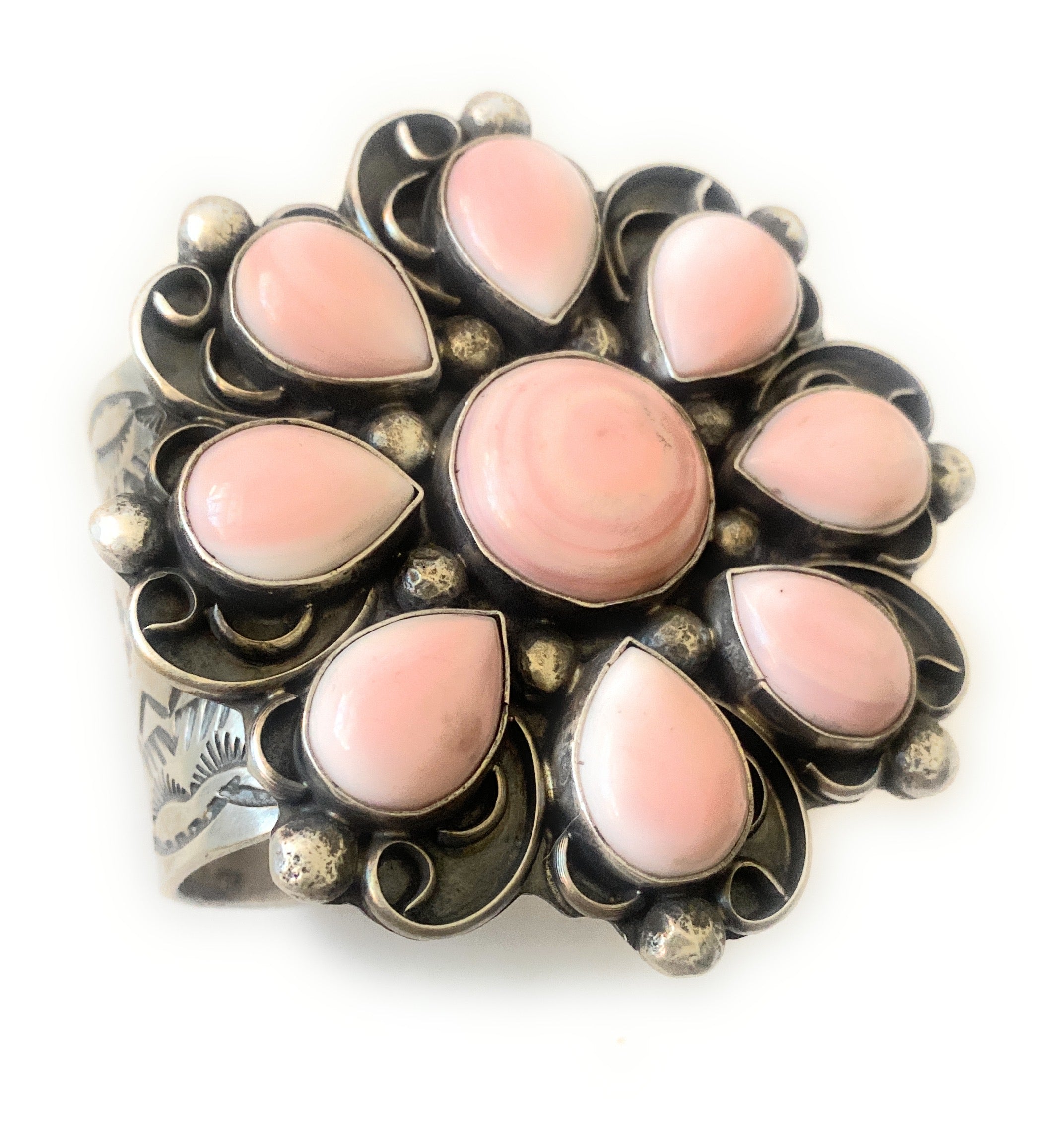 Handcrafted Queen Pink Conch Shell & Sterling Silver Cluster Cuff Bracelet Signed /