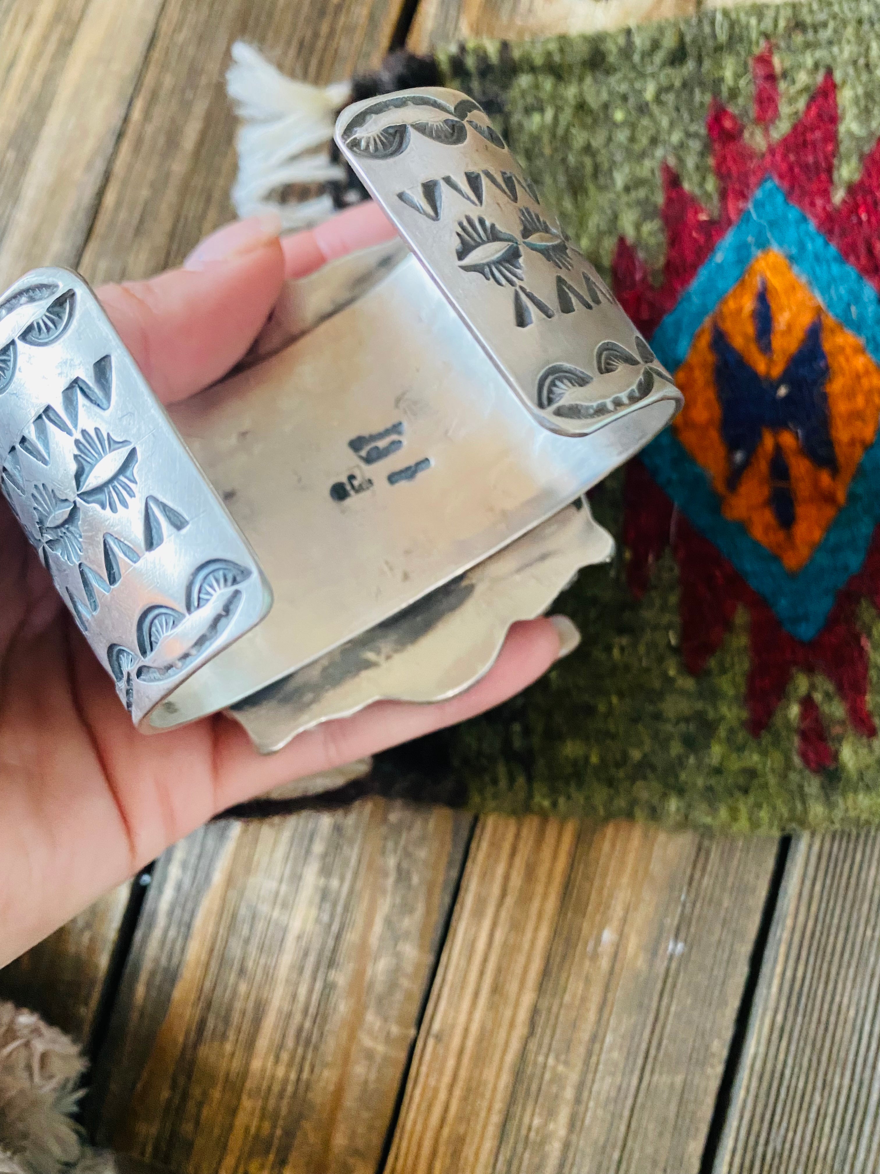 Handcrafted Queen Pink Conch Shell & Sterling Silver Cluster Cuff Bracelet Signed /