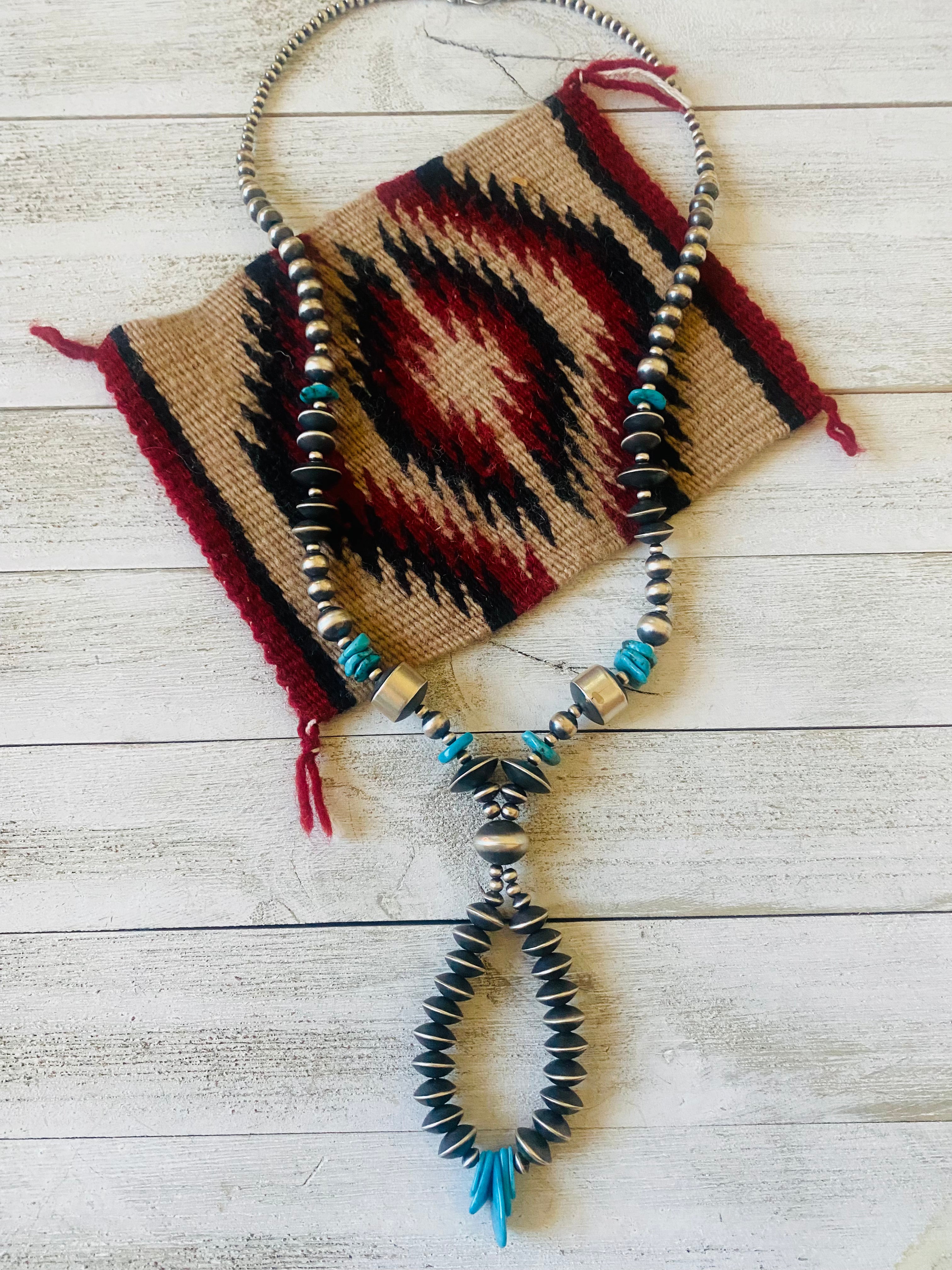 Handcrafted Turquoise & Sterling Silver Pearl Beaded Jacla Necklace