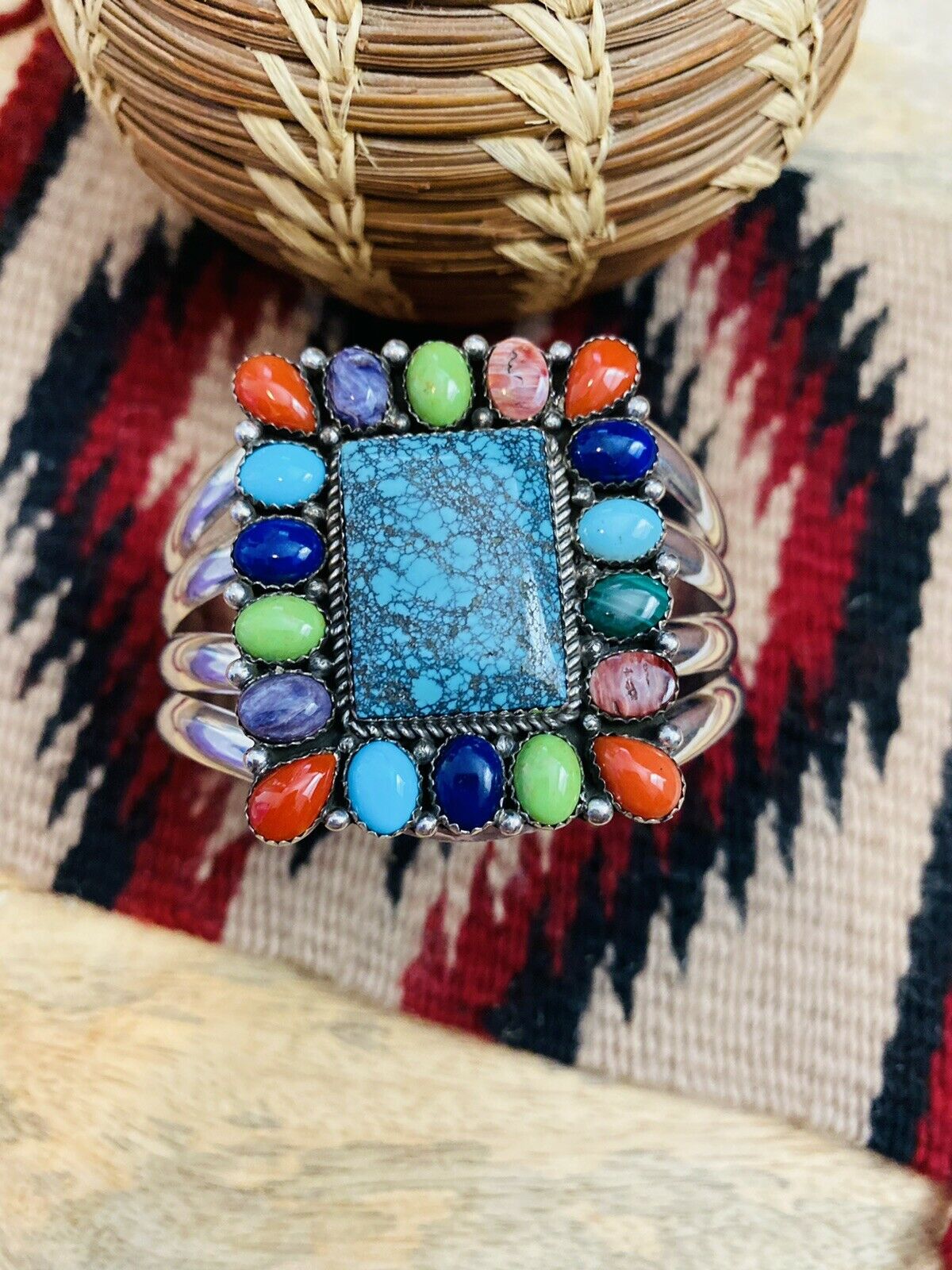 Handcrafted & Amazing Multi Stone & Sterling Silver Cuff Bracelet Signed