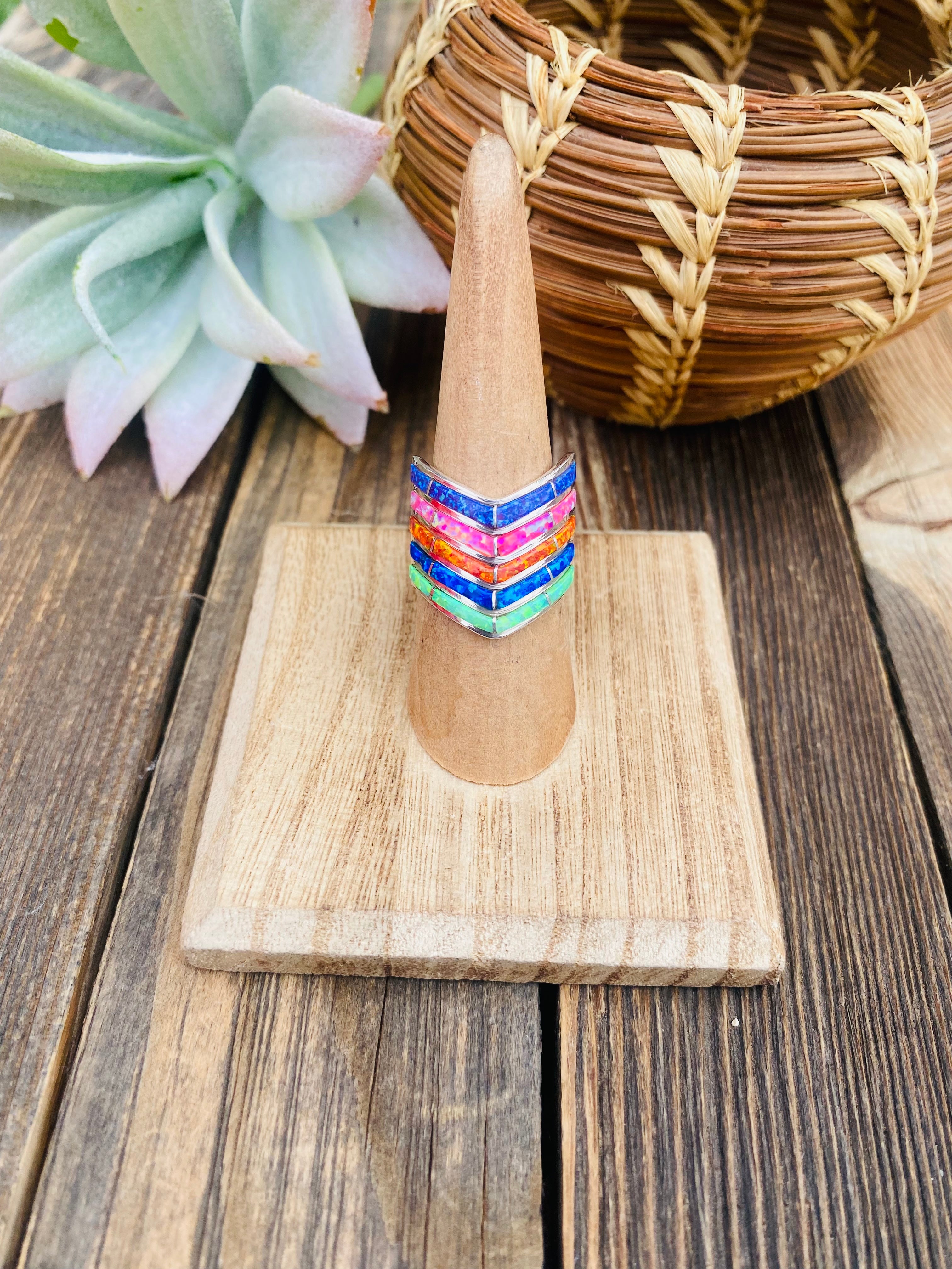 Handcrafted Sterling Silver & Multicolor Opal Inlayed Stacker Ring Size 7