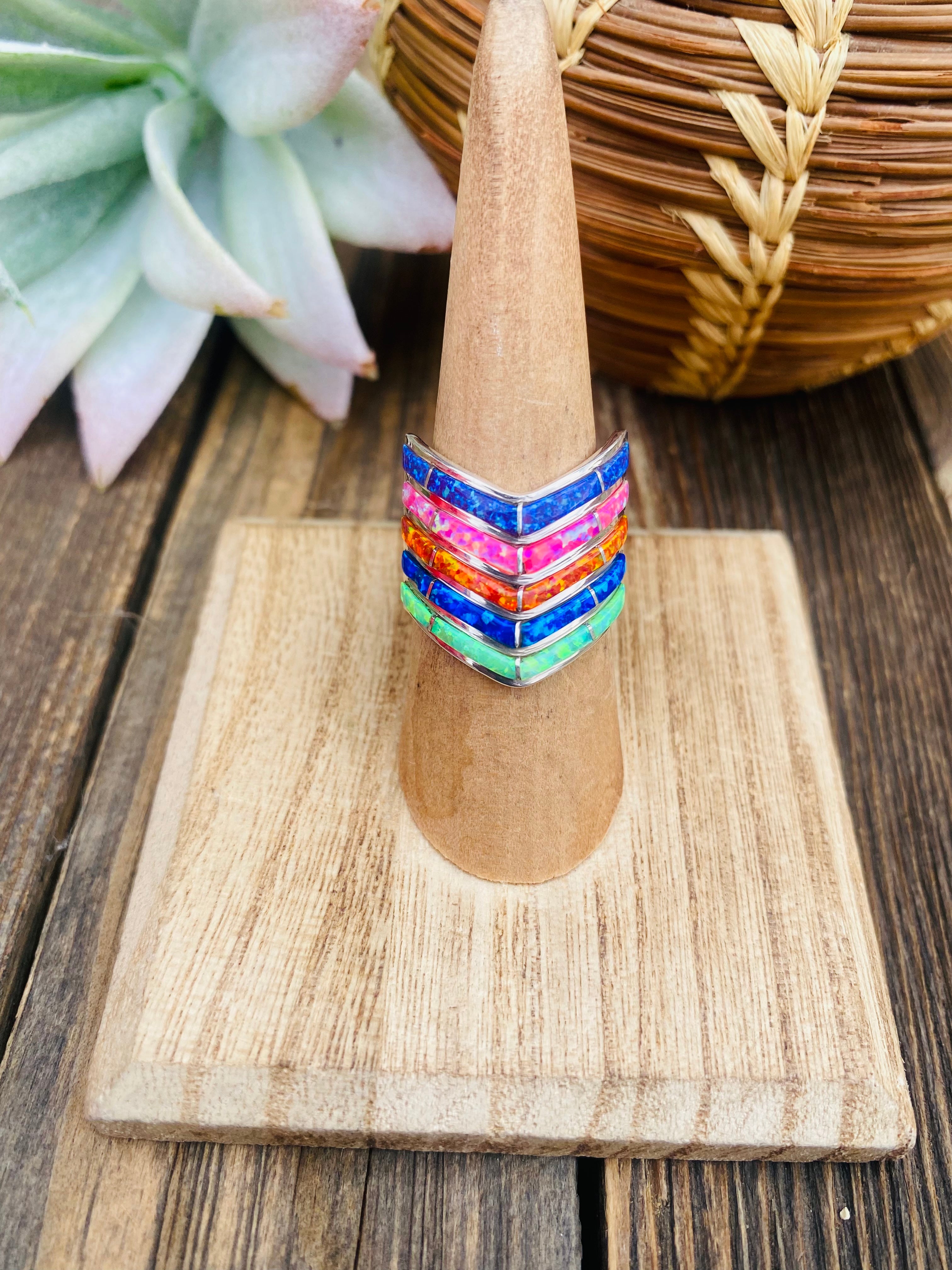 Handcrafted Sterling Silver & Multicolor Opal Inlayed Stacker Ring Size 7