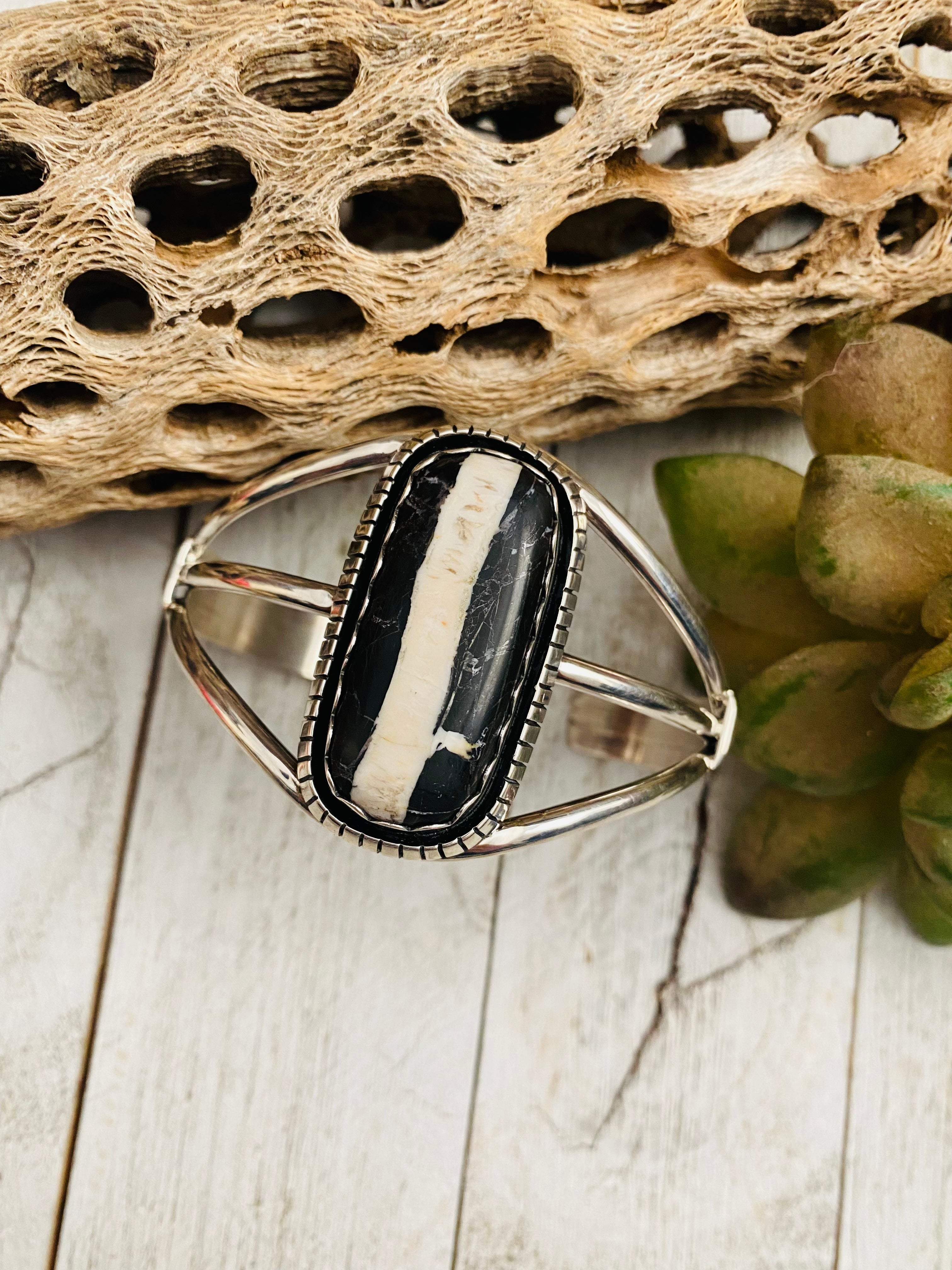 Handcrafted Sterling Silver & Zebra Jasper Cuff Bracelet Signed