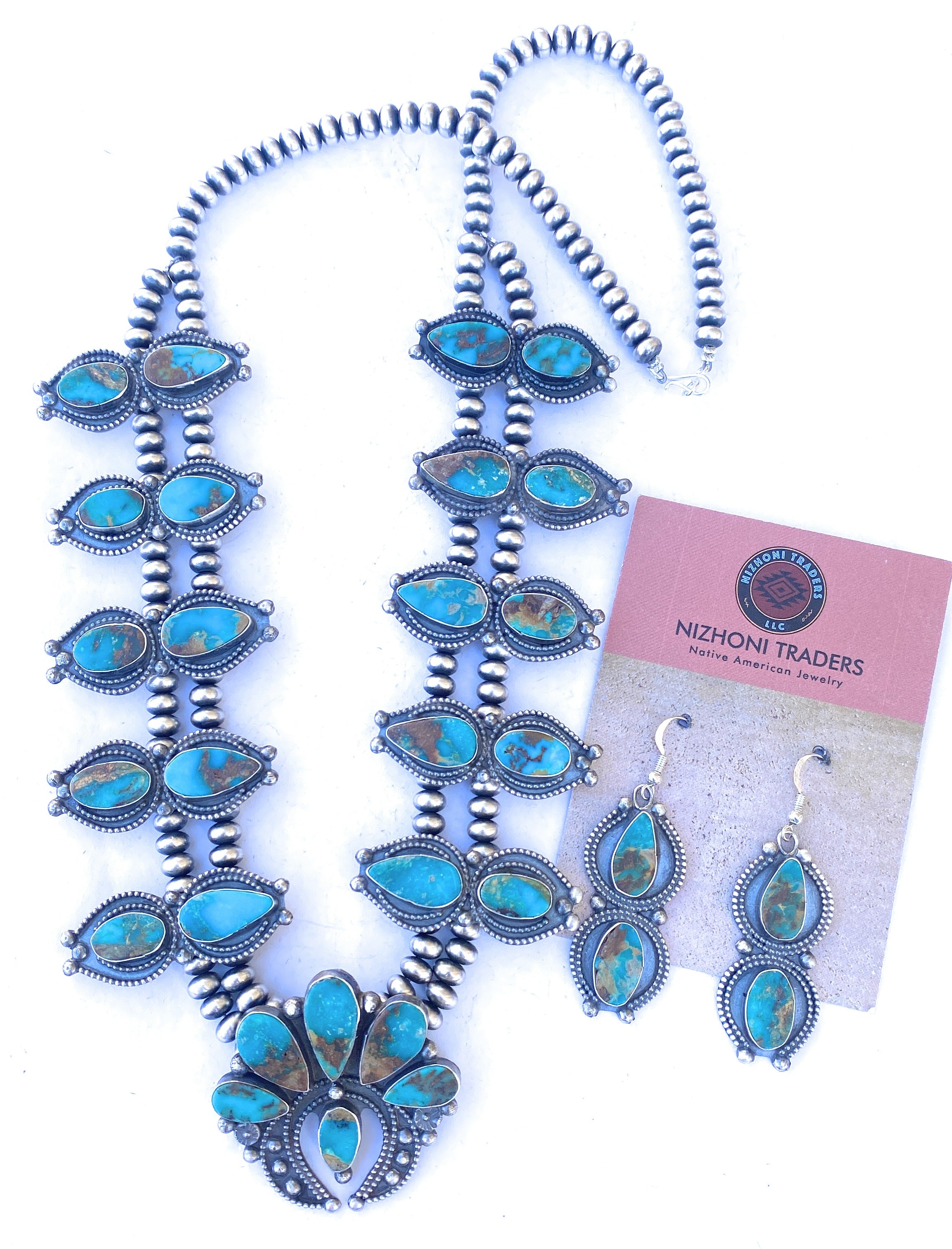 Handcrafted Sterling Silver & Royston Turquoise Squash Necklace Set Signed