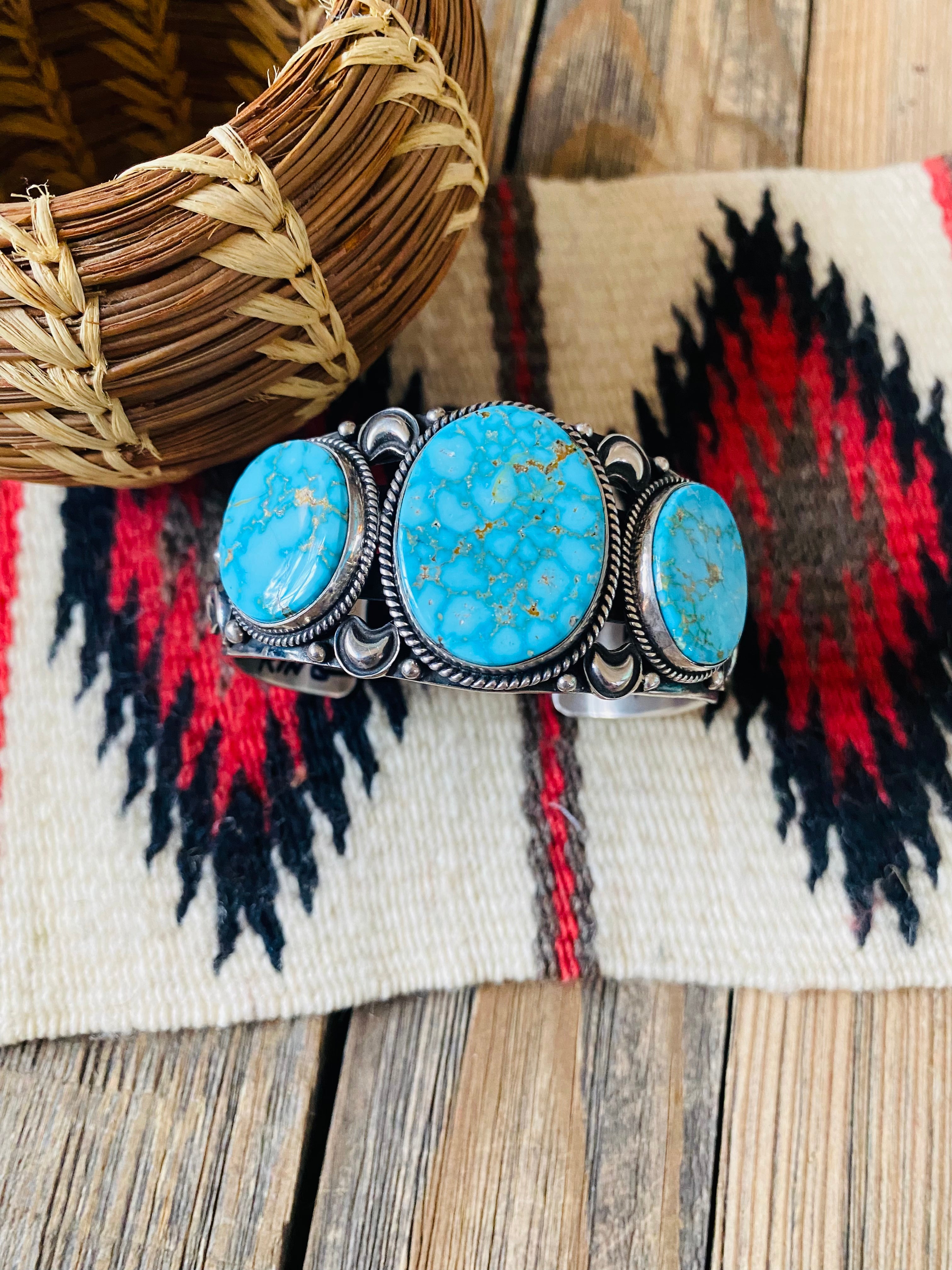 Navajo Kingman Web Turquoise & Sterling Silver Cuff Bracelet By Derrick Gordon /