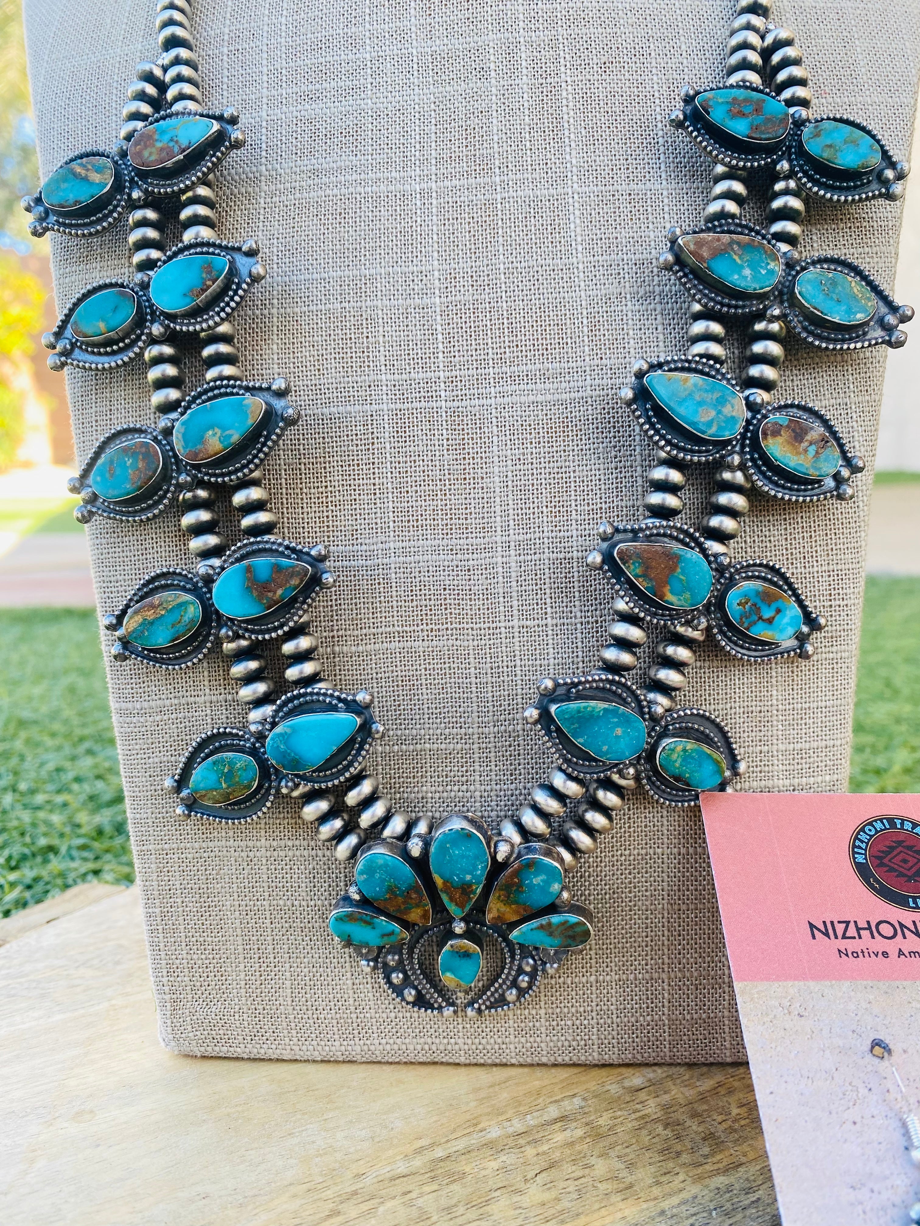 Handcrafted Sterling Silver & Royston Turquoise Squash Necklace Set Signed