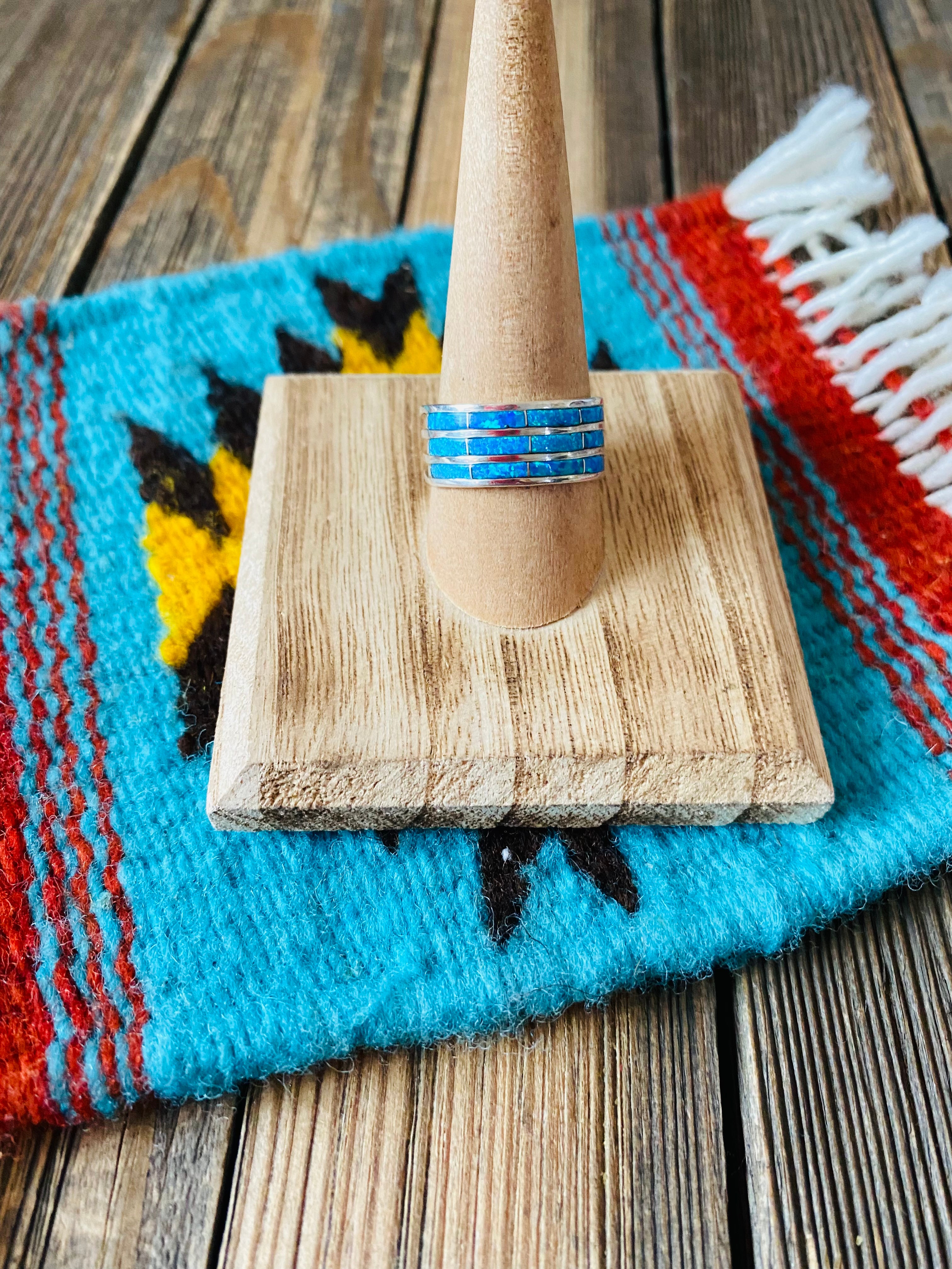 Handcrafted Sterling Silver & Blue Opal Inlayed Stacker Ring
