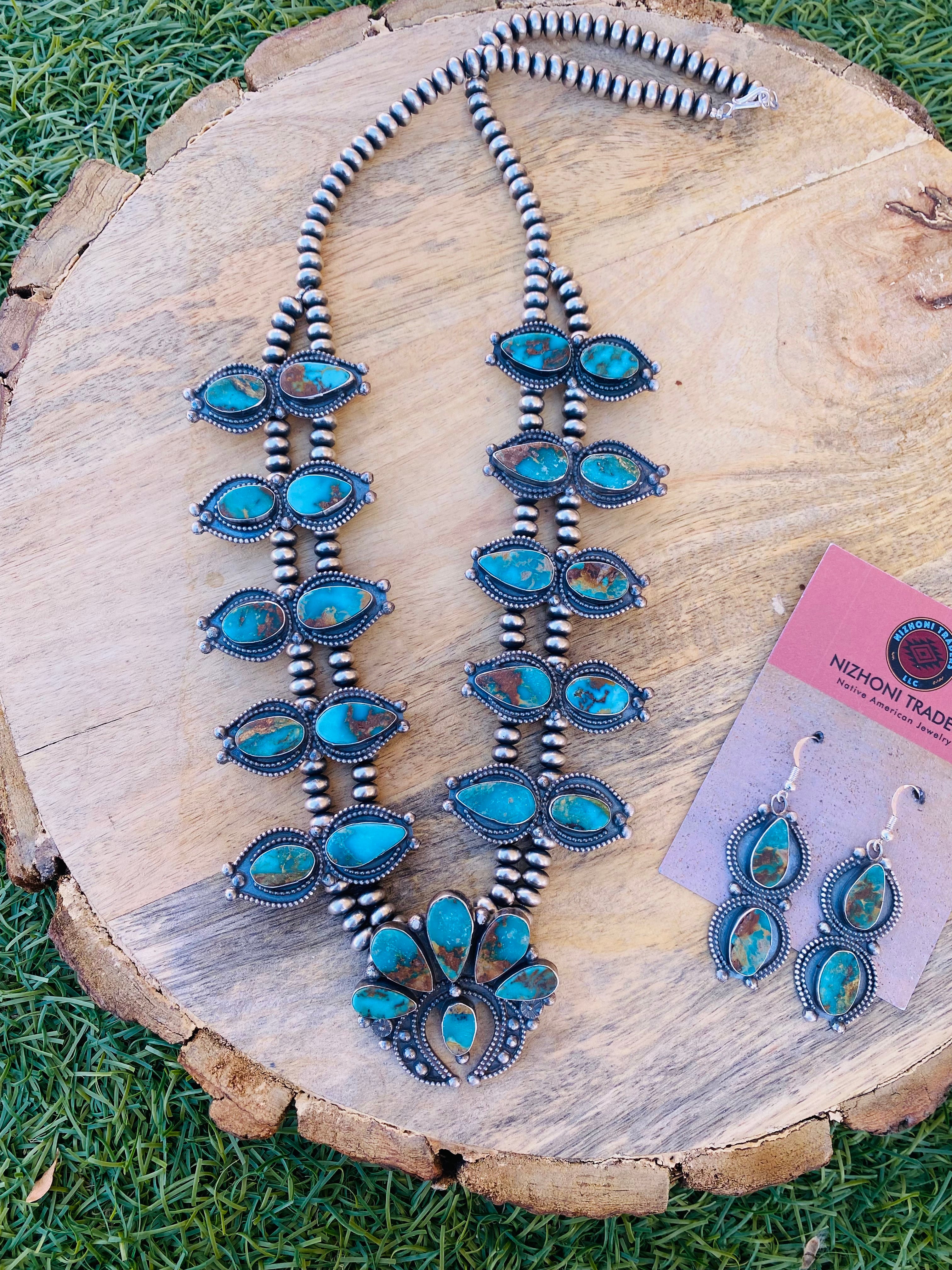 Handcrafted Sterling Silver & Royston Turquoise Squash Necklace Set Signed