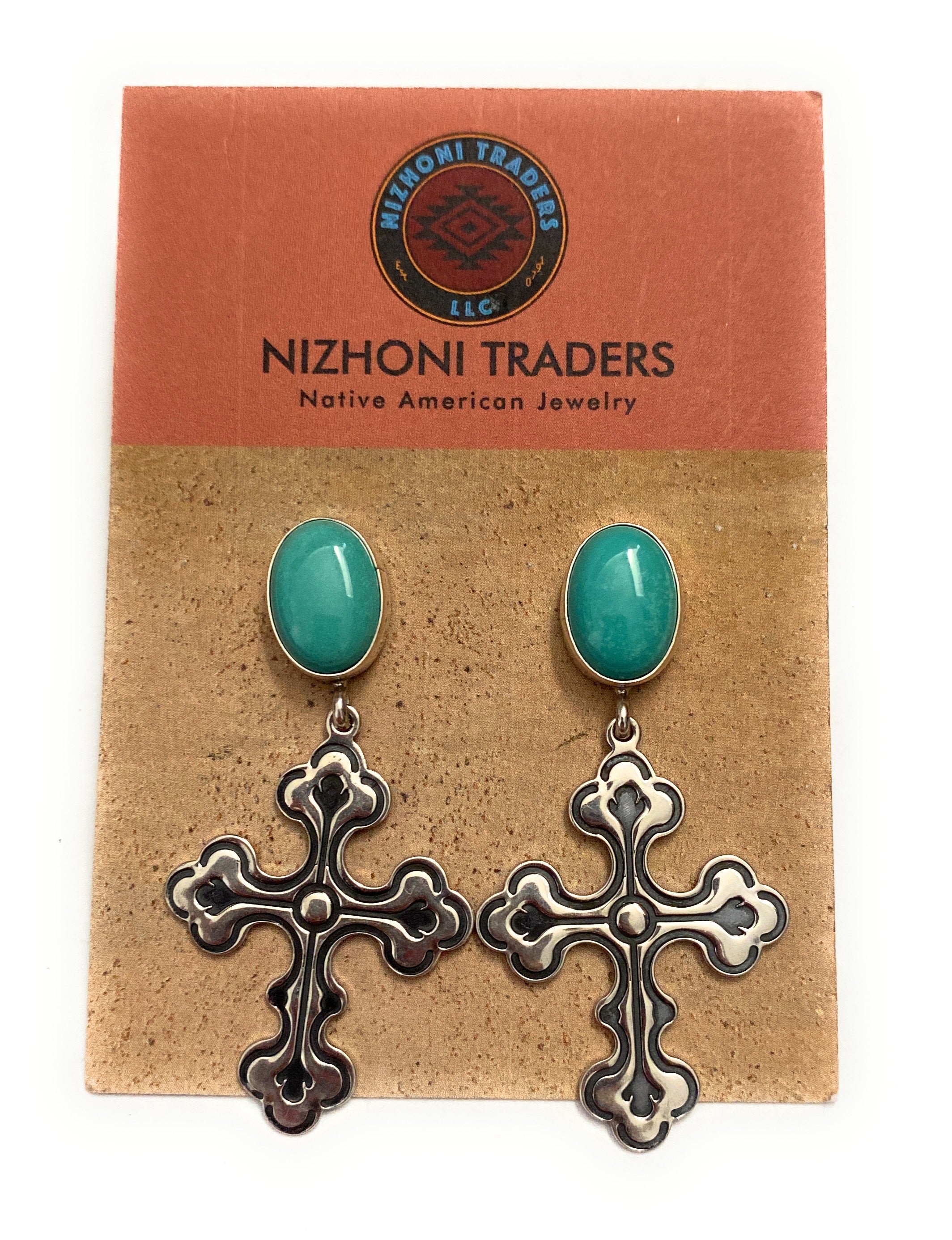 Handcrafted Turquoise & Sterling Silver Cross Dangle Earrings