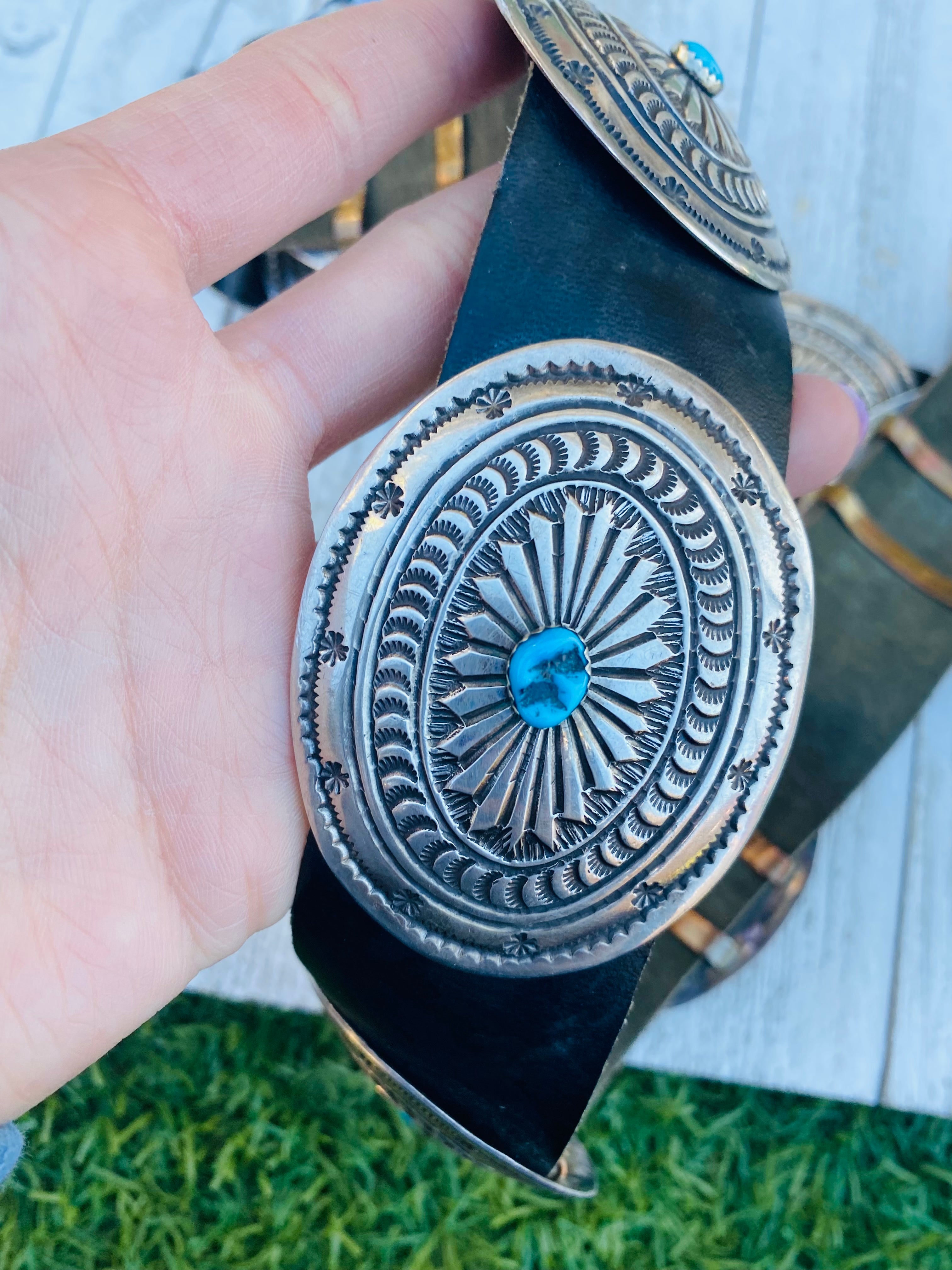 Handcrafted Vintage Black Leather And Sterling Silver Turquoise Concho Belt