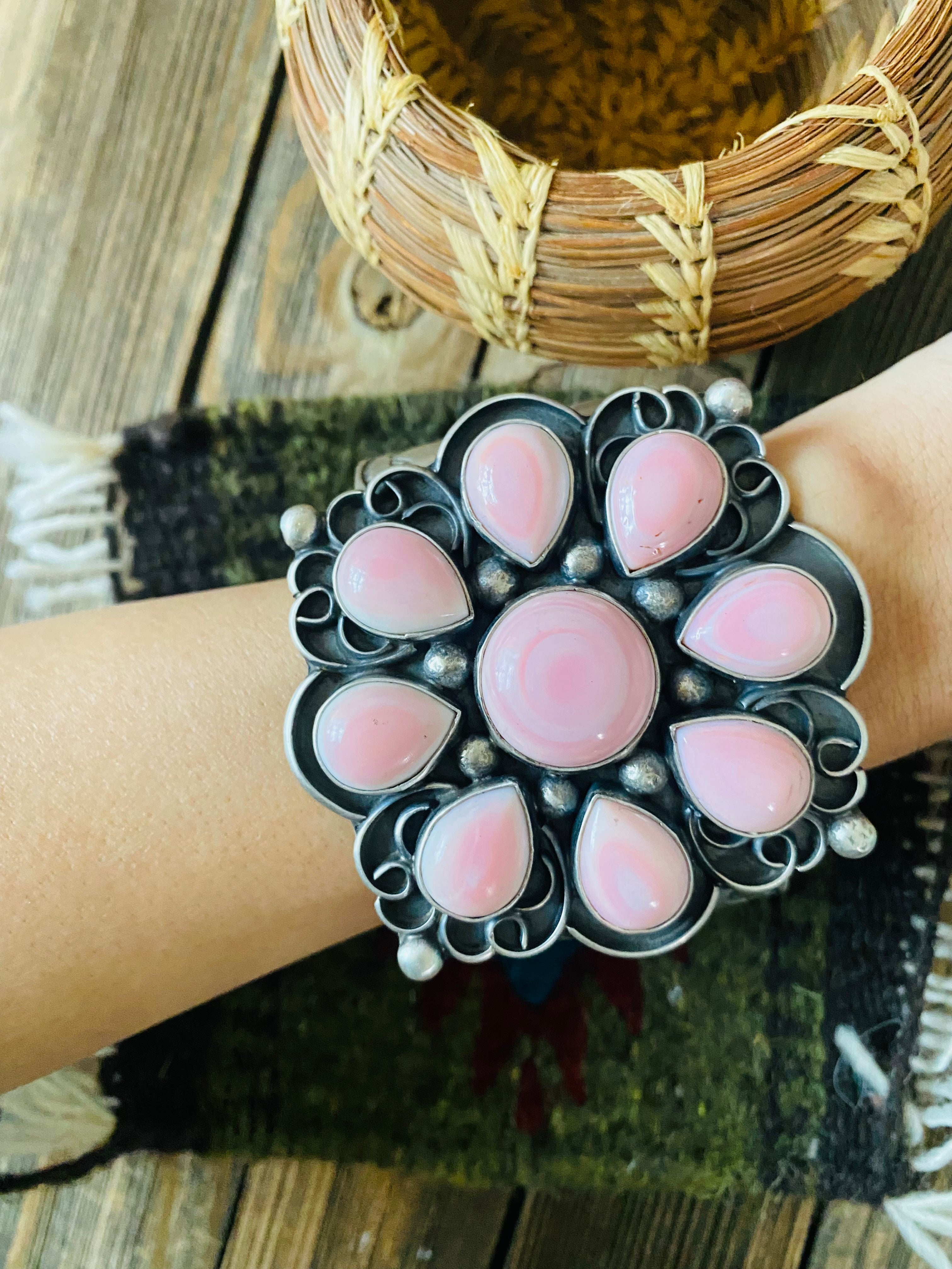 Handcrafted Queen Pink Conch Shell & Sterling Silver Cluster Cuff Bracelet Signed /