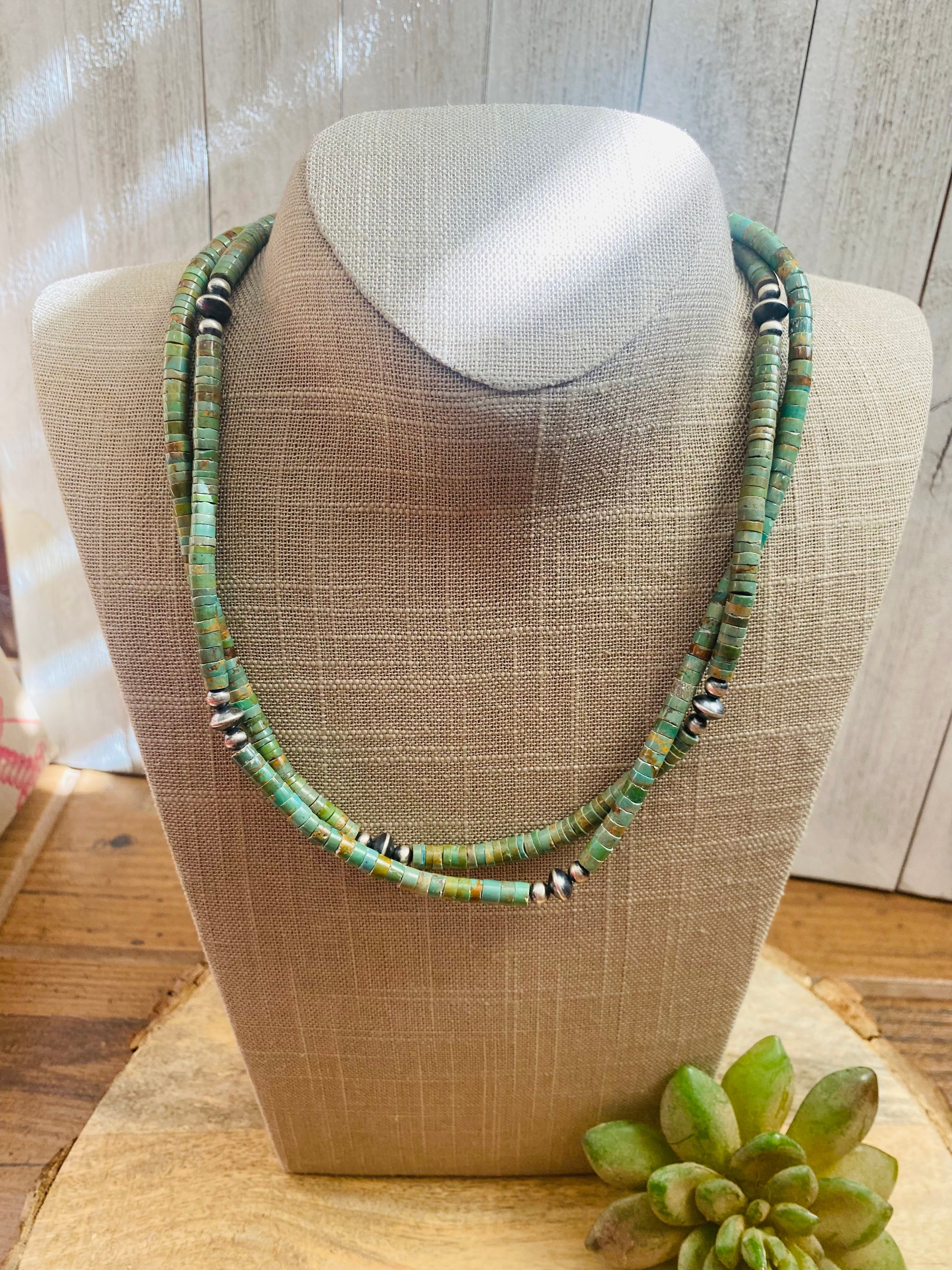 Handcrafted Turquoise & Sterling Silver Pearl Beaded Necklace 40 inch