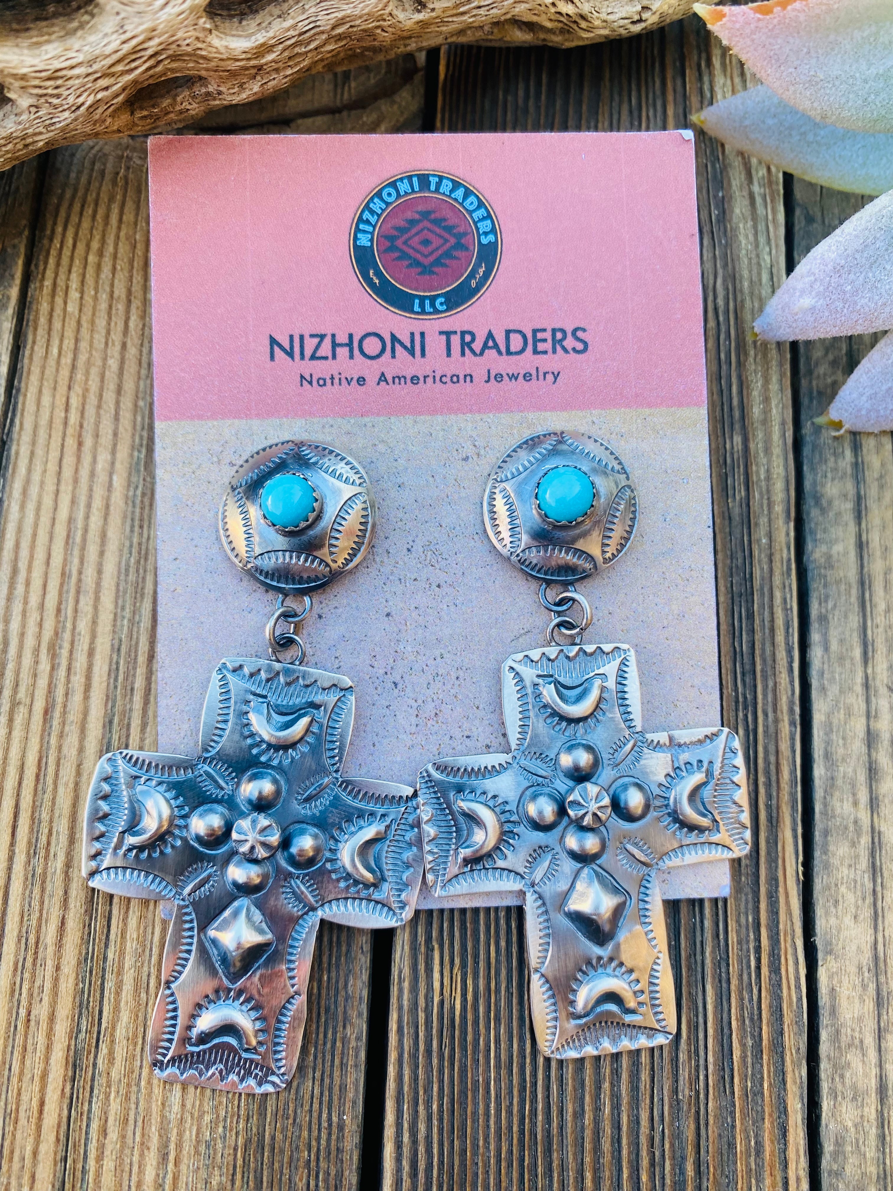 Handcrafted Hand Stamped Sterling Silver Cross Dangle Earrings By Tim Yazzie