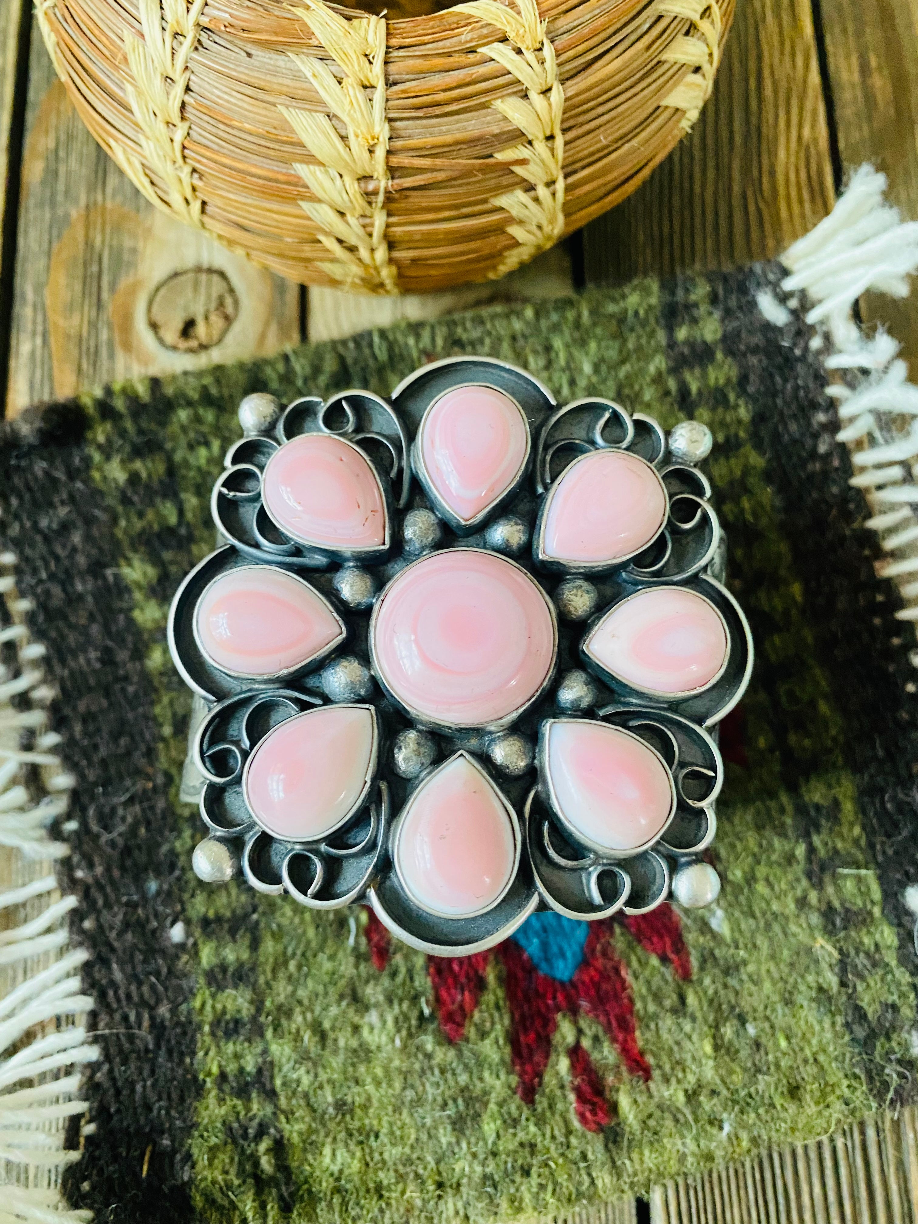 Handcrafted Queen Pink Conch Shell & Sterling Silver Cluster Cuff Bracelet Signed /