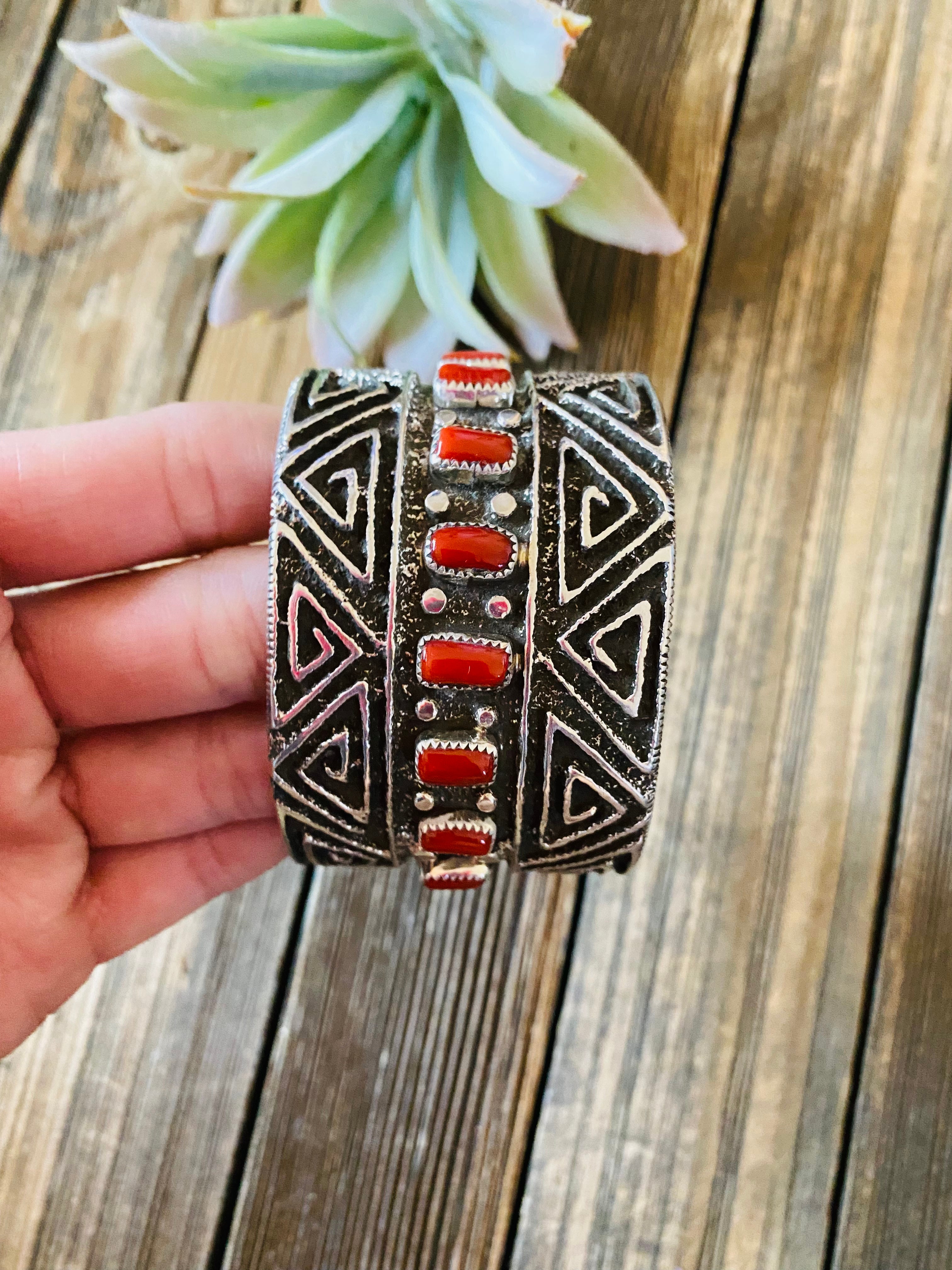 Navajo Coral & Sterling Silver Cuff Bracelet By Steve Arviso /