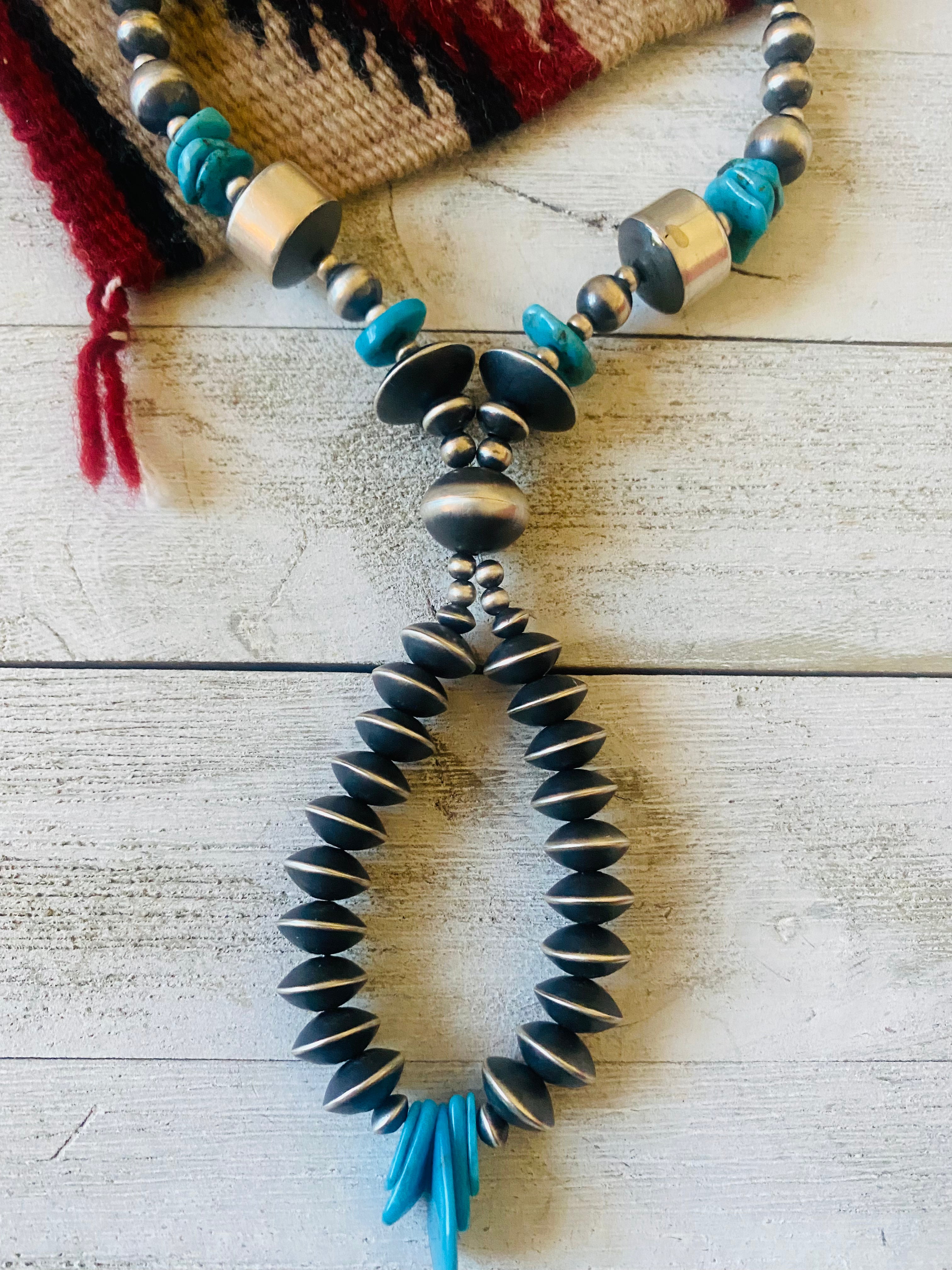 Handcrafted Turquoise & Sterling Silver Pearl Beaded Jacla Necklace