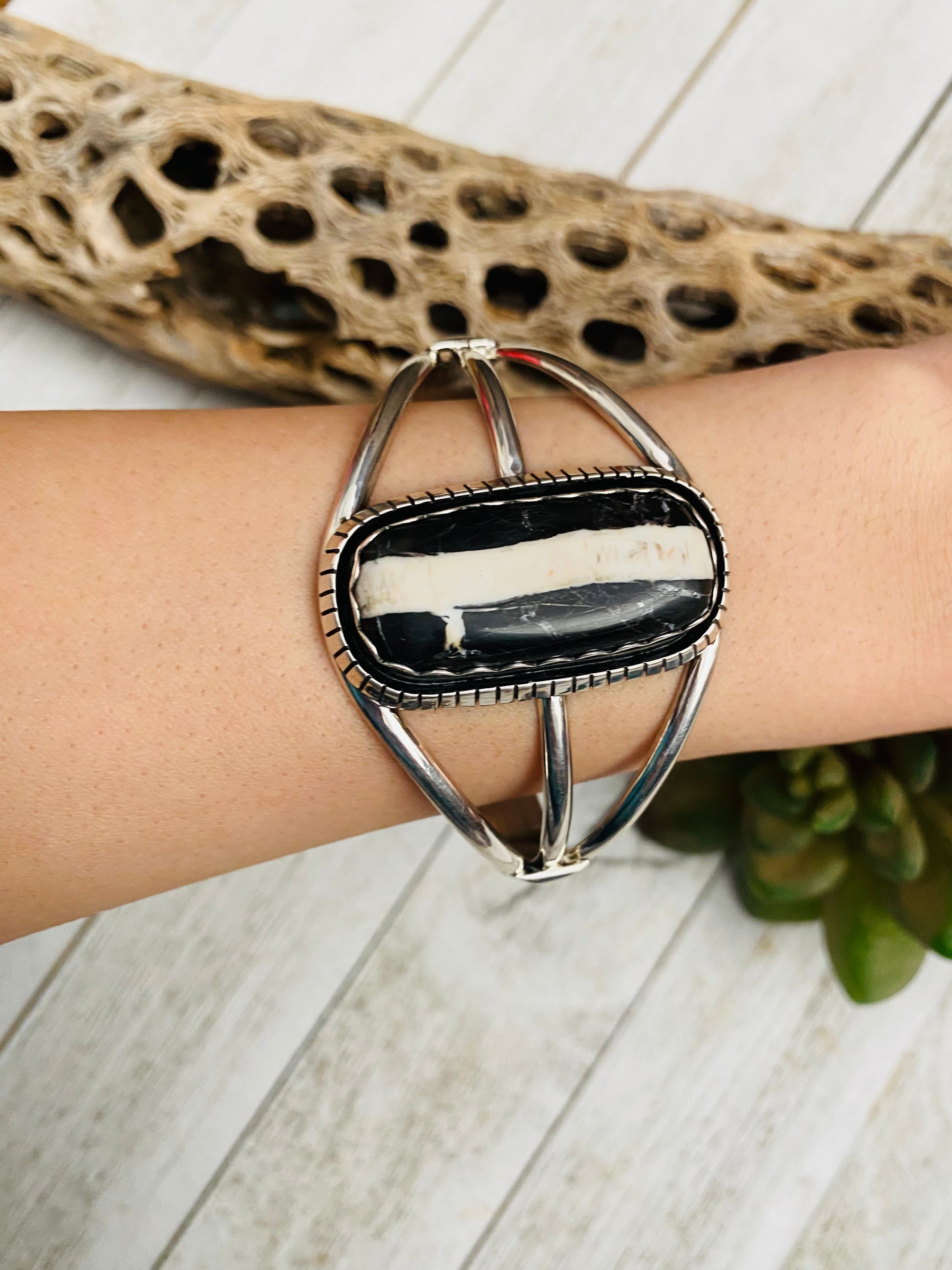 Handcrafted Sterling Silver & Zebra Jasper Cuff Bracelet Signed