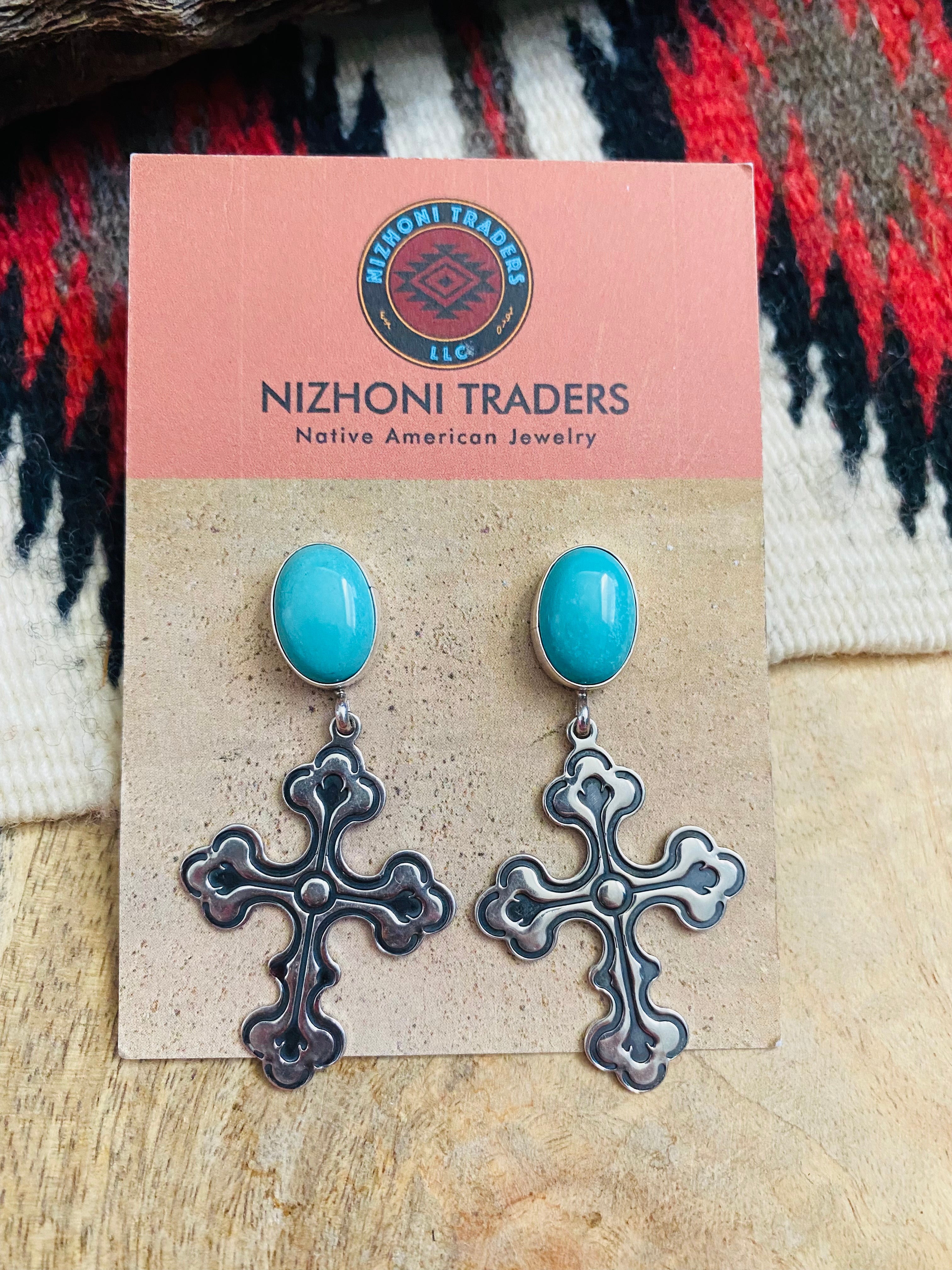 Handcrafted Turquoise & Sterling Silver Cross Dangle Earrings