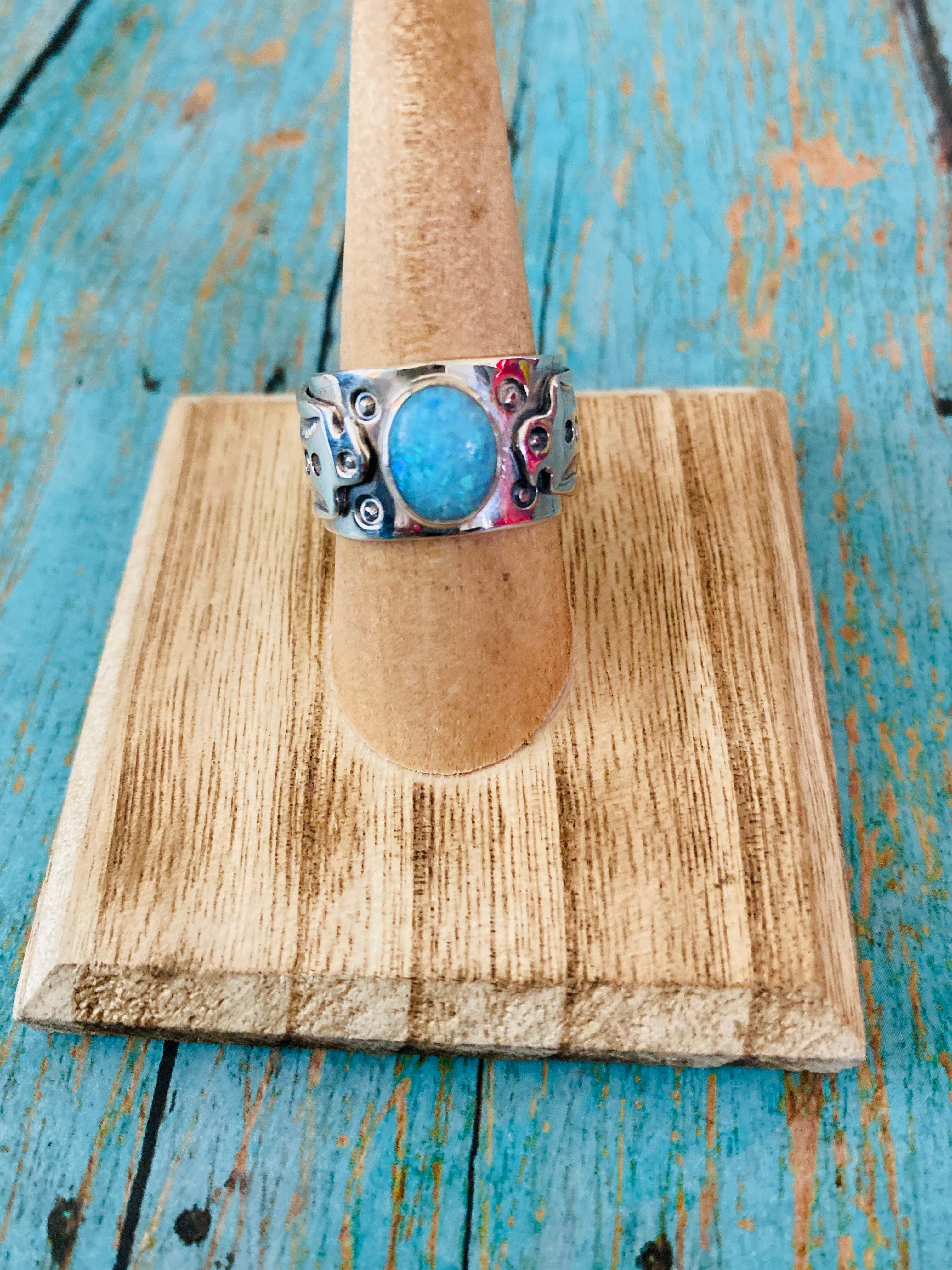 Navajo Thunderbird Sterling Silver & Blue Opal Ring Size 8