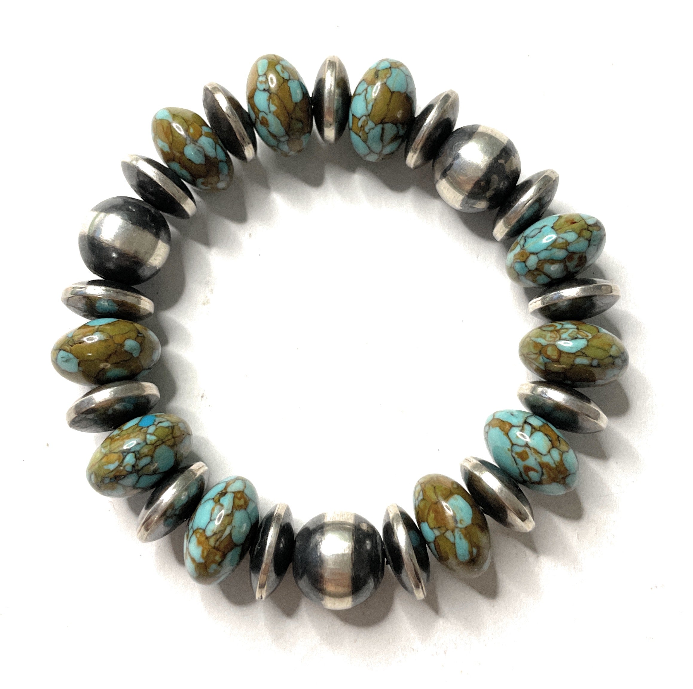 Handcrafted Sterling Silver Stretchy Natural #8 Turquoise Beaded Bracelet 12 mm pearl