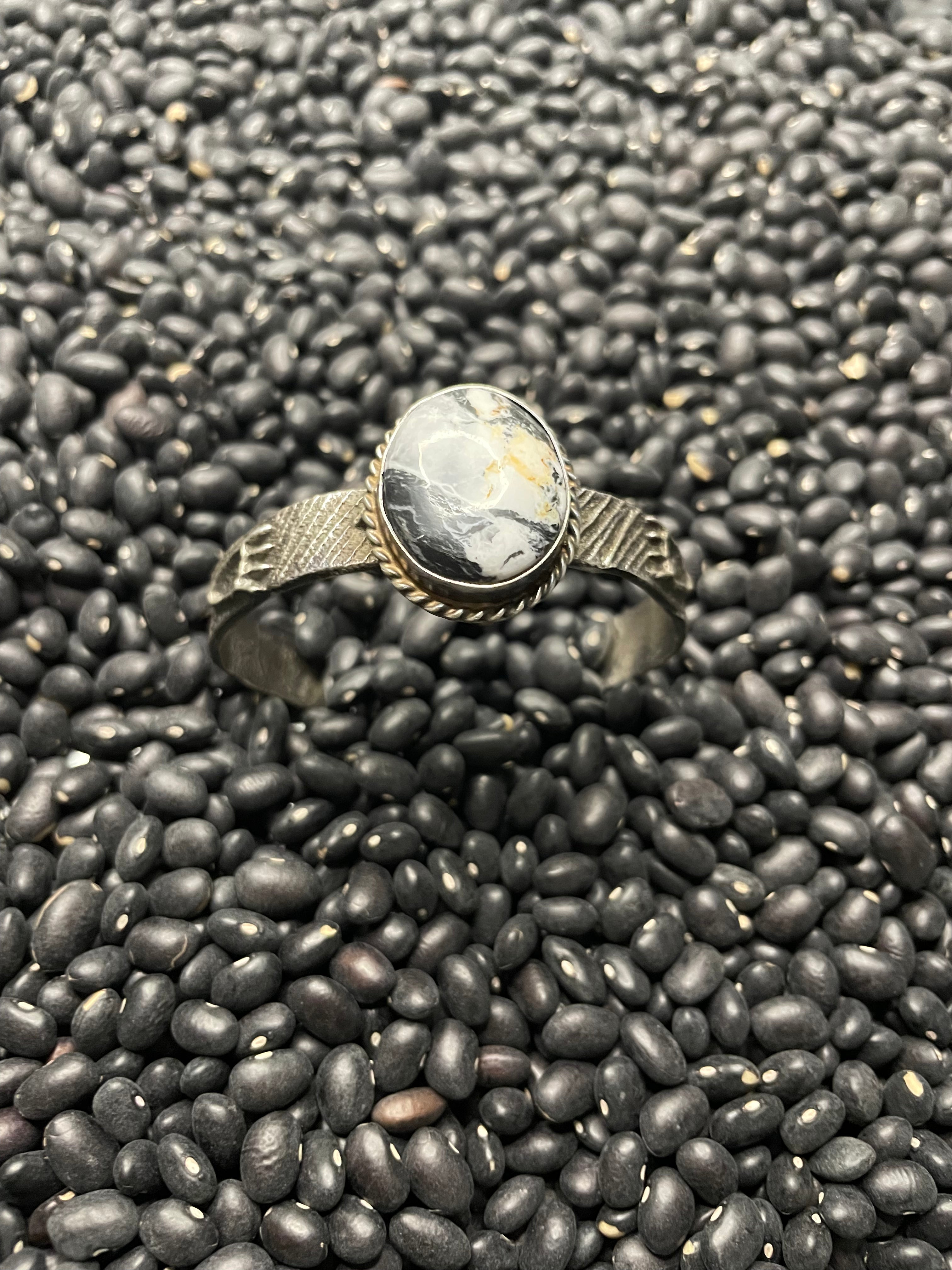 Navajo Golden Hills White Buffalo & Sterling Silver Tufa Cast Cuff Bracelet Signed