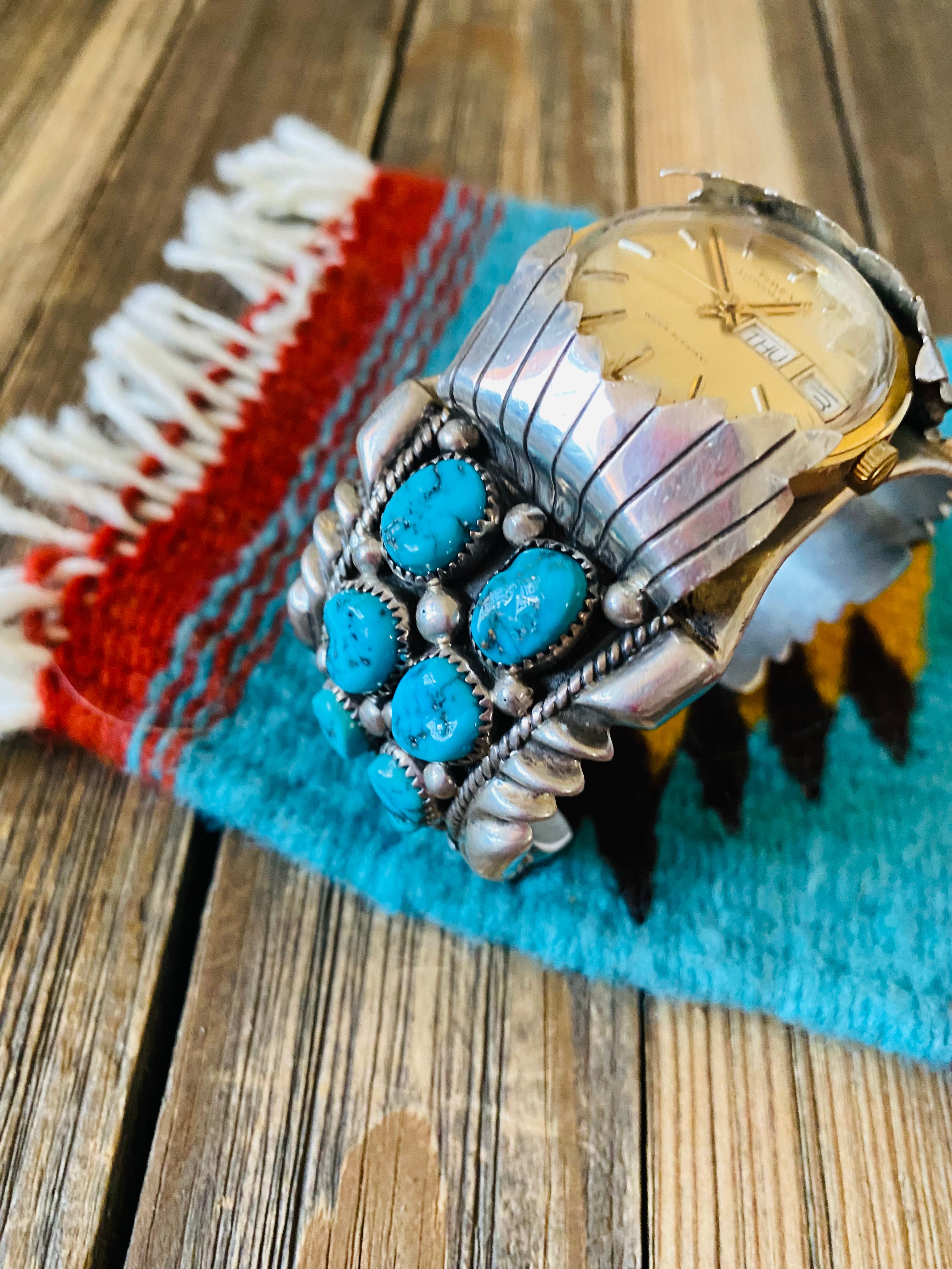 Old Pawn Vintage Kingman Turquoise & Sterling Silver Watch Cuff /