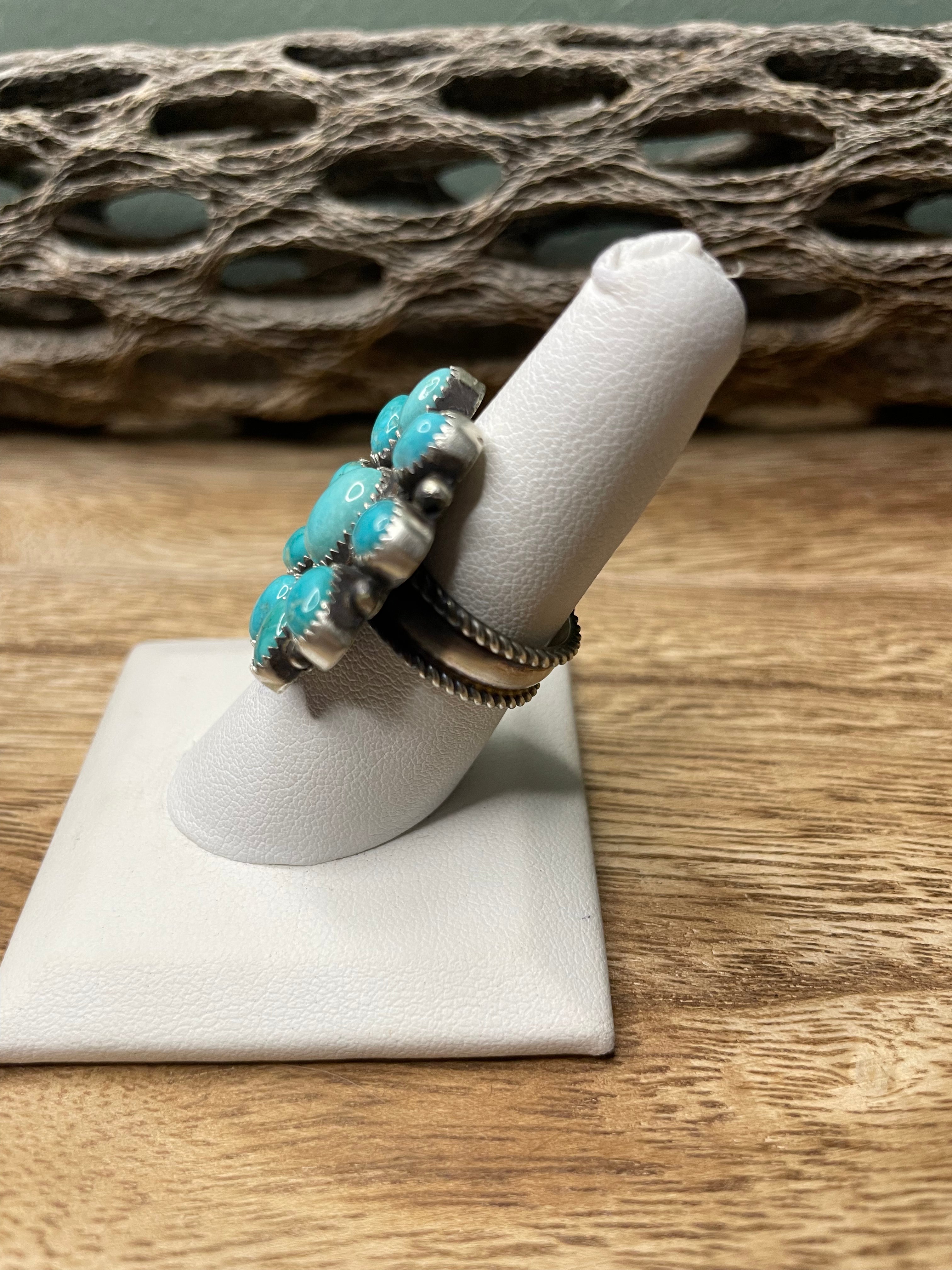 Handcrafted Turquoise And Sterling Silver Adjustable Cluster Ring
