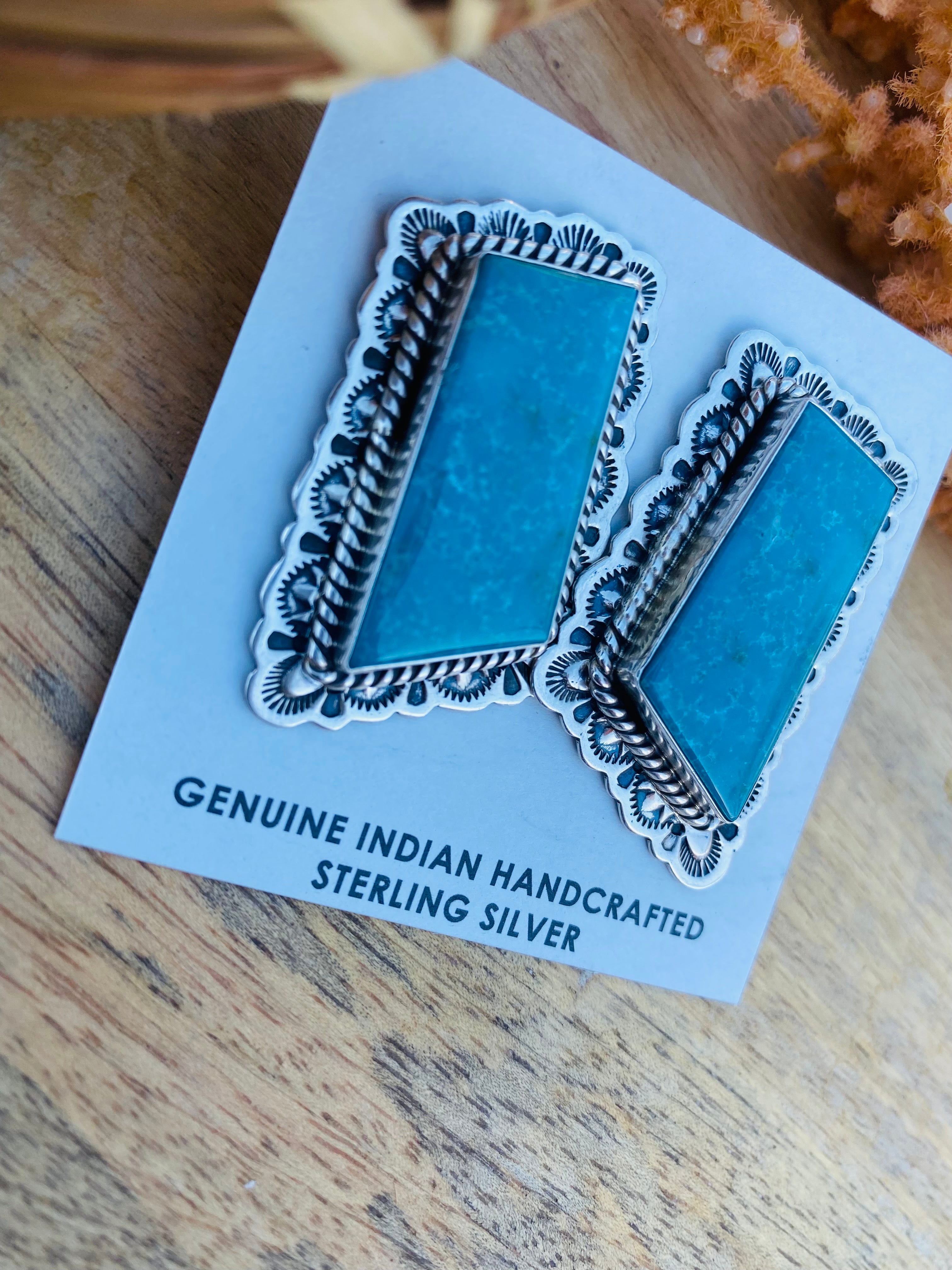 Handcrafted Vintage Turquoise & Sterling Silver Post Earrings Signed