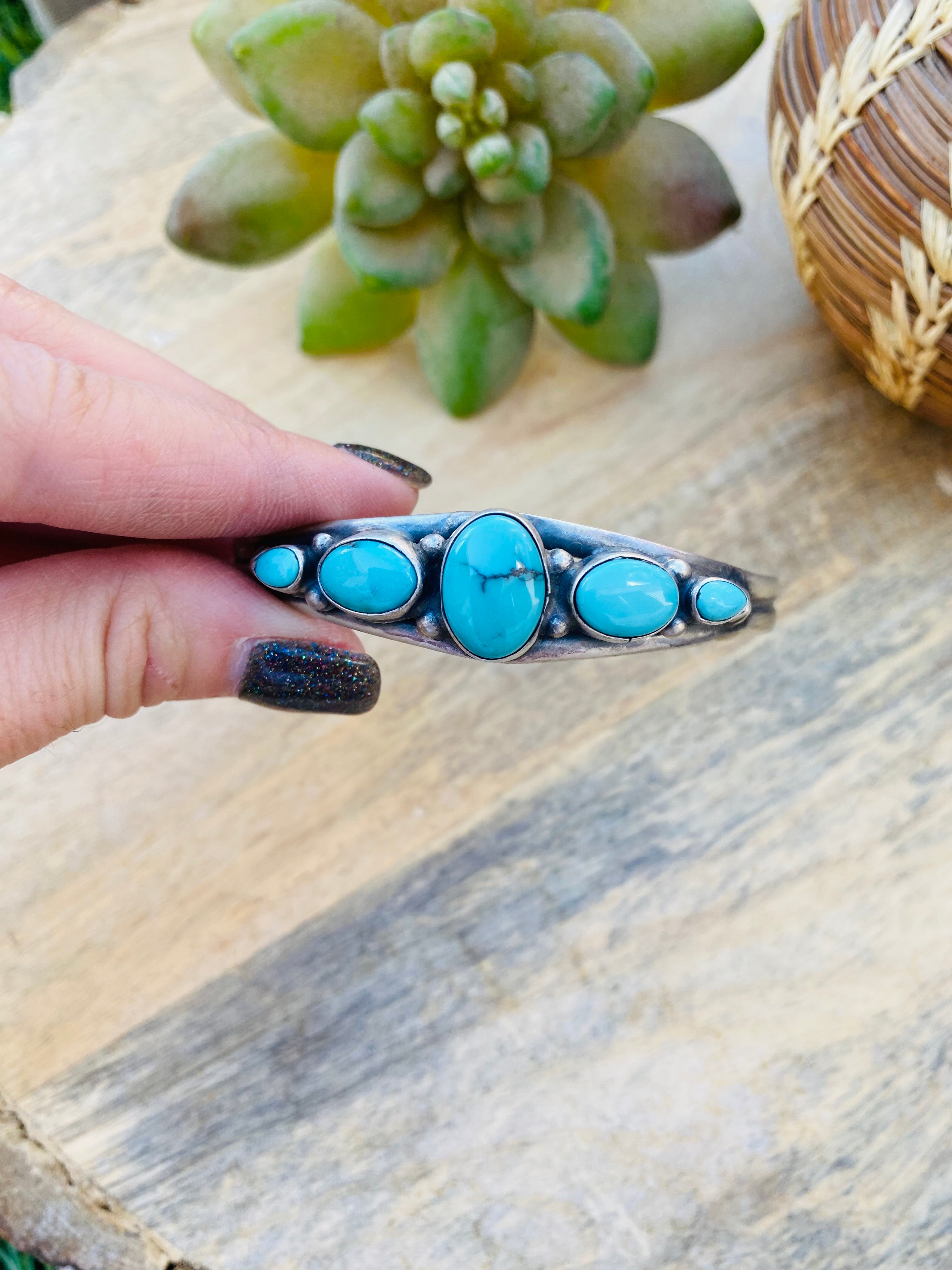 Handcrafted Vintage Turquoise & Sterling Silver Five Stone Cuff Bracelet Signed /