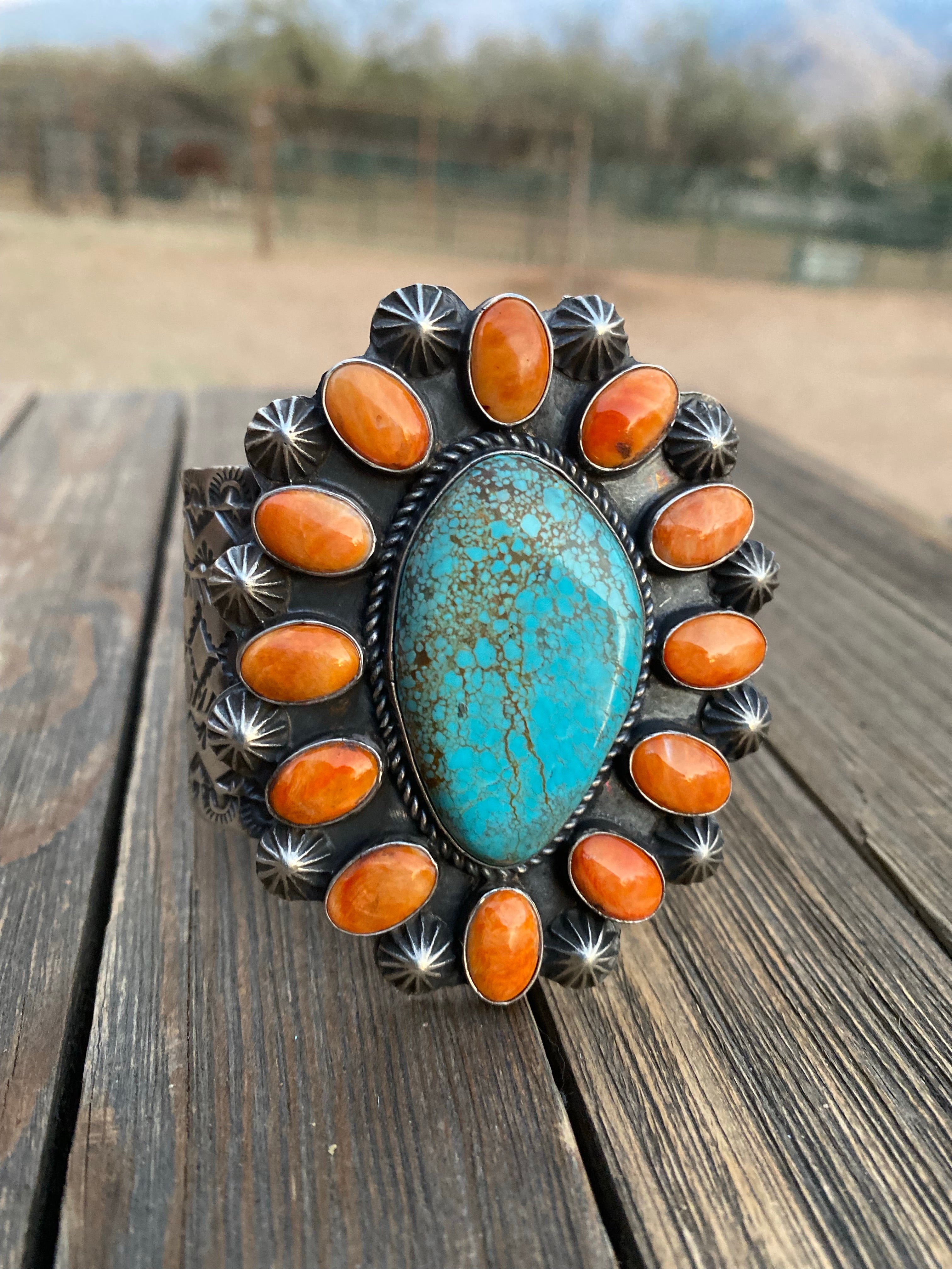 Handcrafted Kingman Turquoise & Spiny Sterling Silver Bracelet Signed /