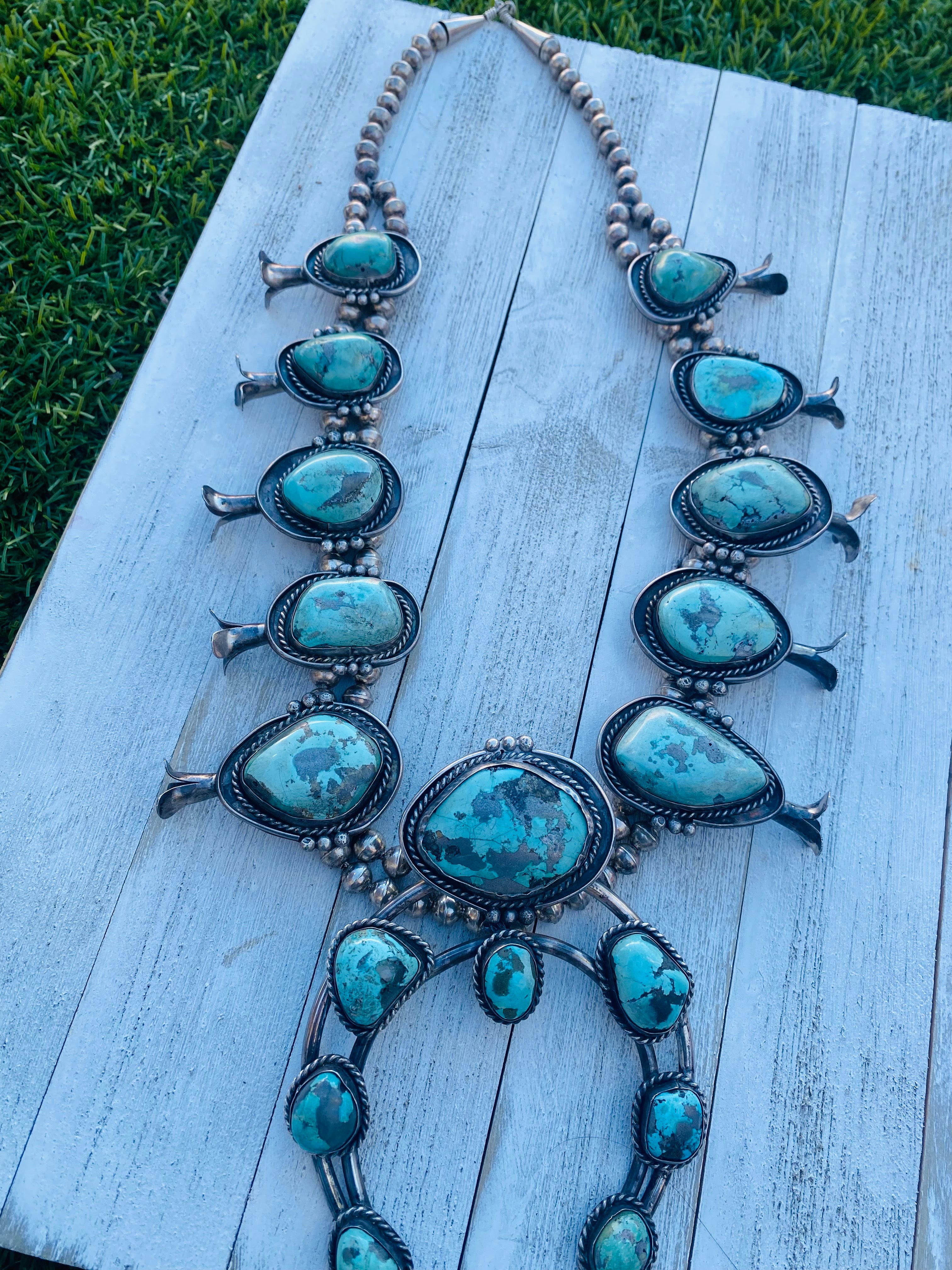 Handcrafted Vintage Turquoise & Sterling Silver Jumbo Squash Blossom Necklace