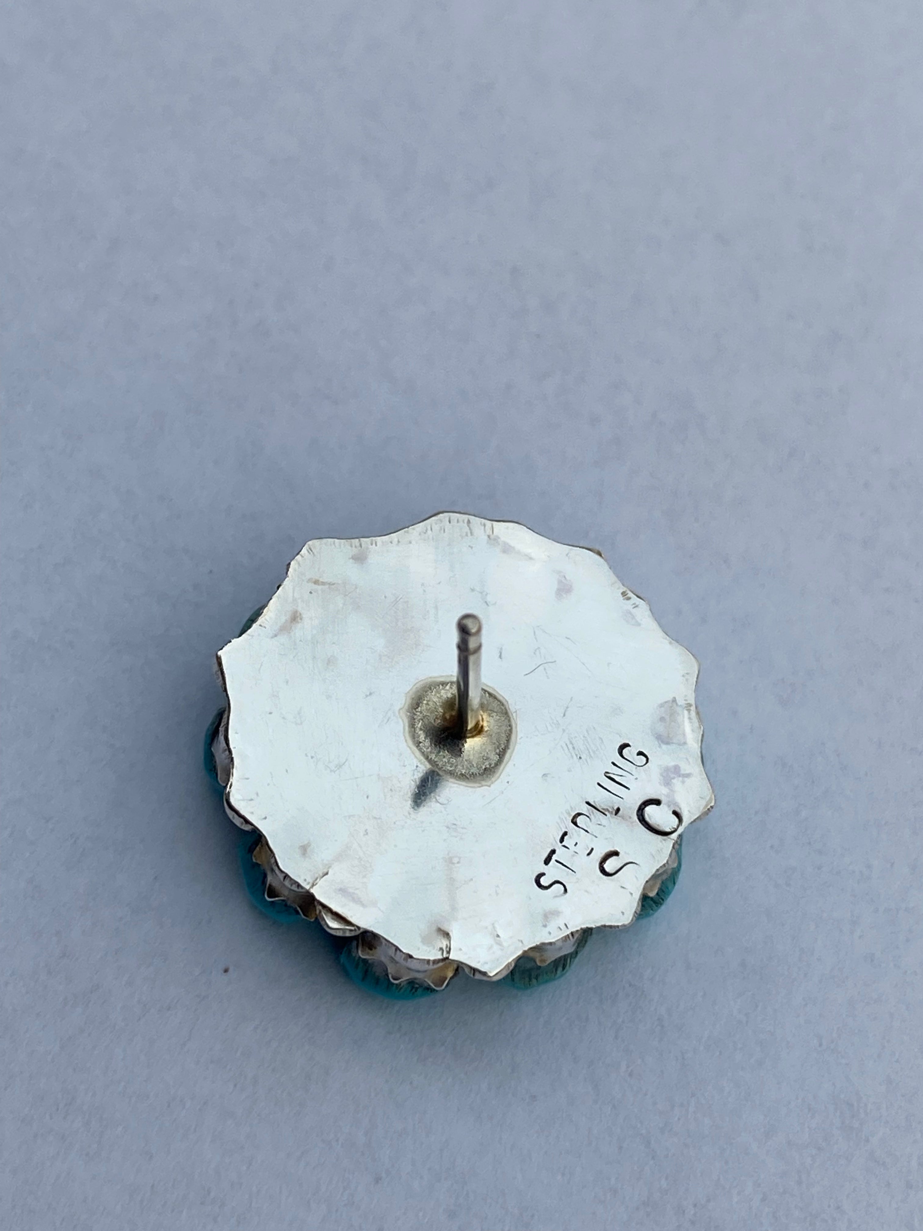 Handcrafted Turquoise & Coral Sterling Silver Cluster Stud Earrings Signed