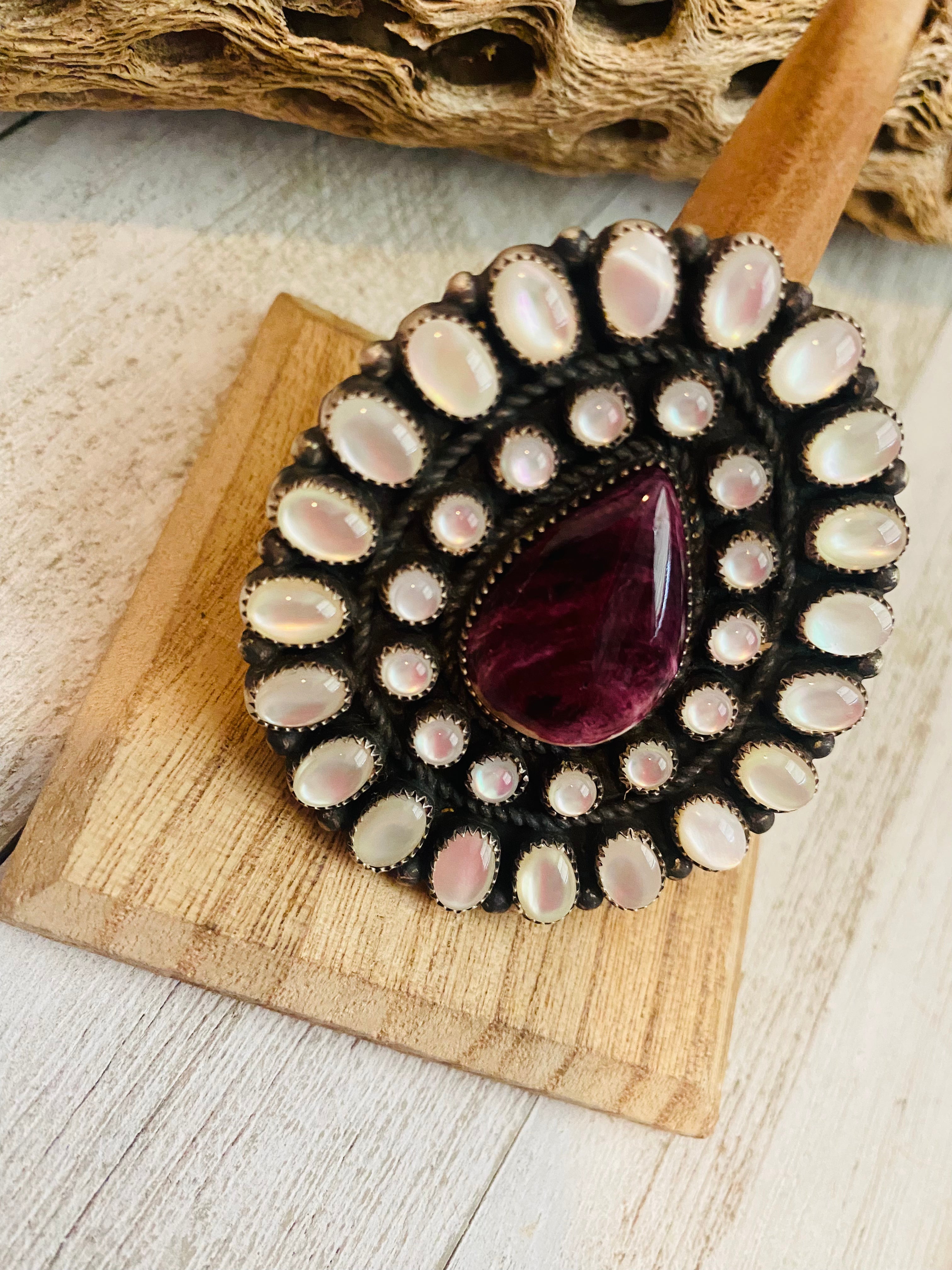 Navajo Sterling Silver, Mother of Pearl & Purple Spiny Cluster Adjustable Ring