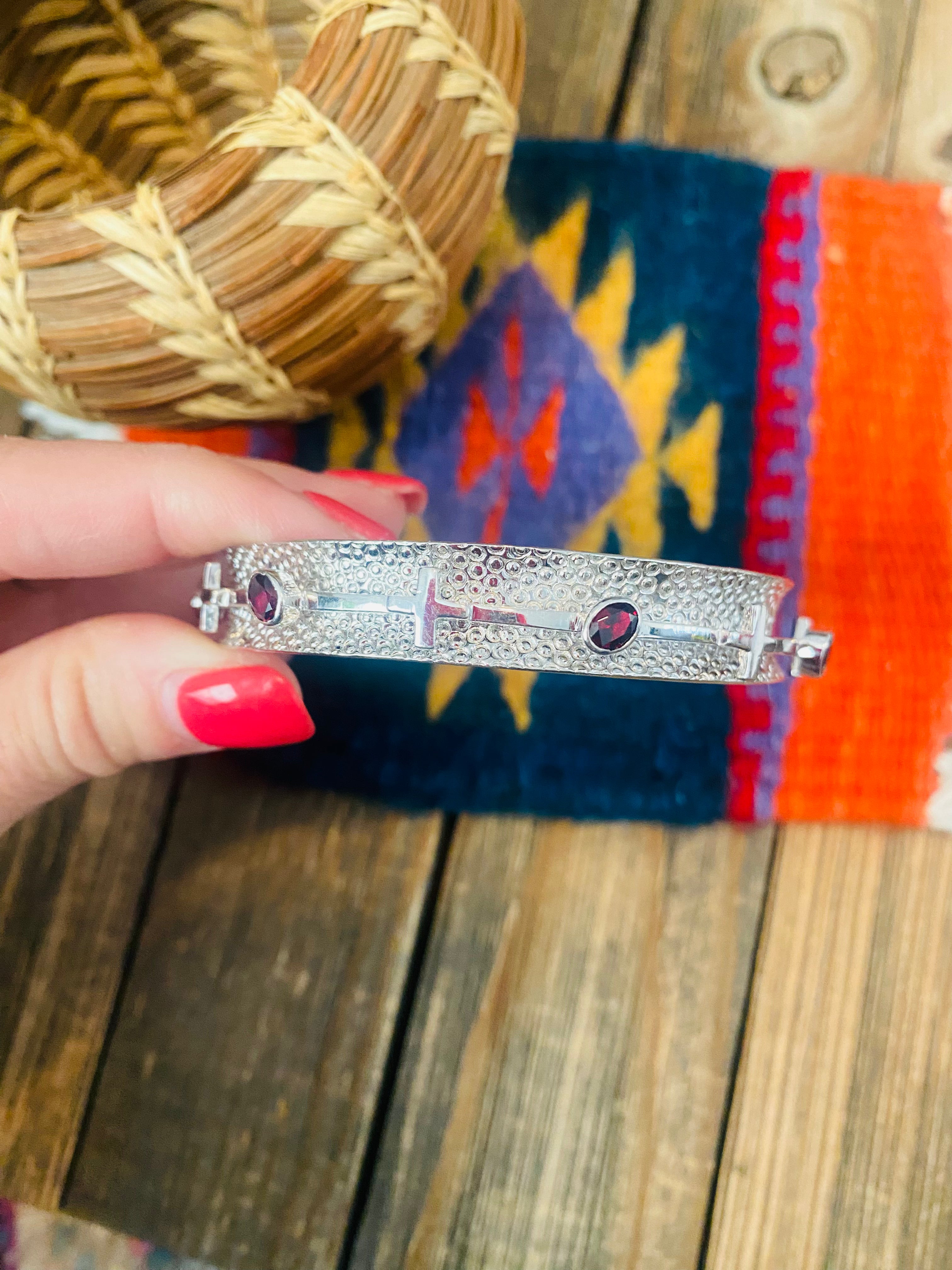 Navajo Sterling Silver & Topaz Bangle Bracelet Signed