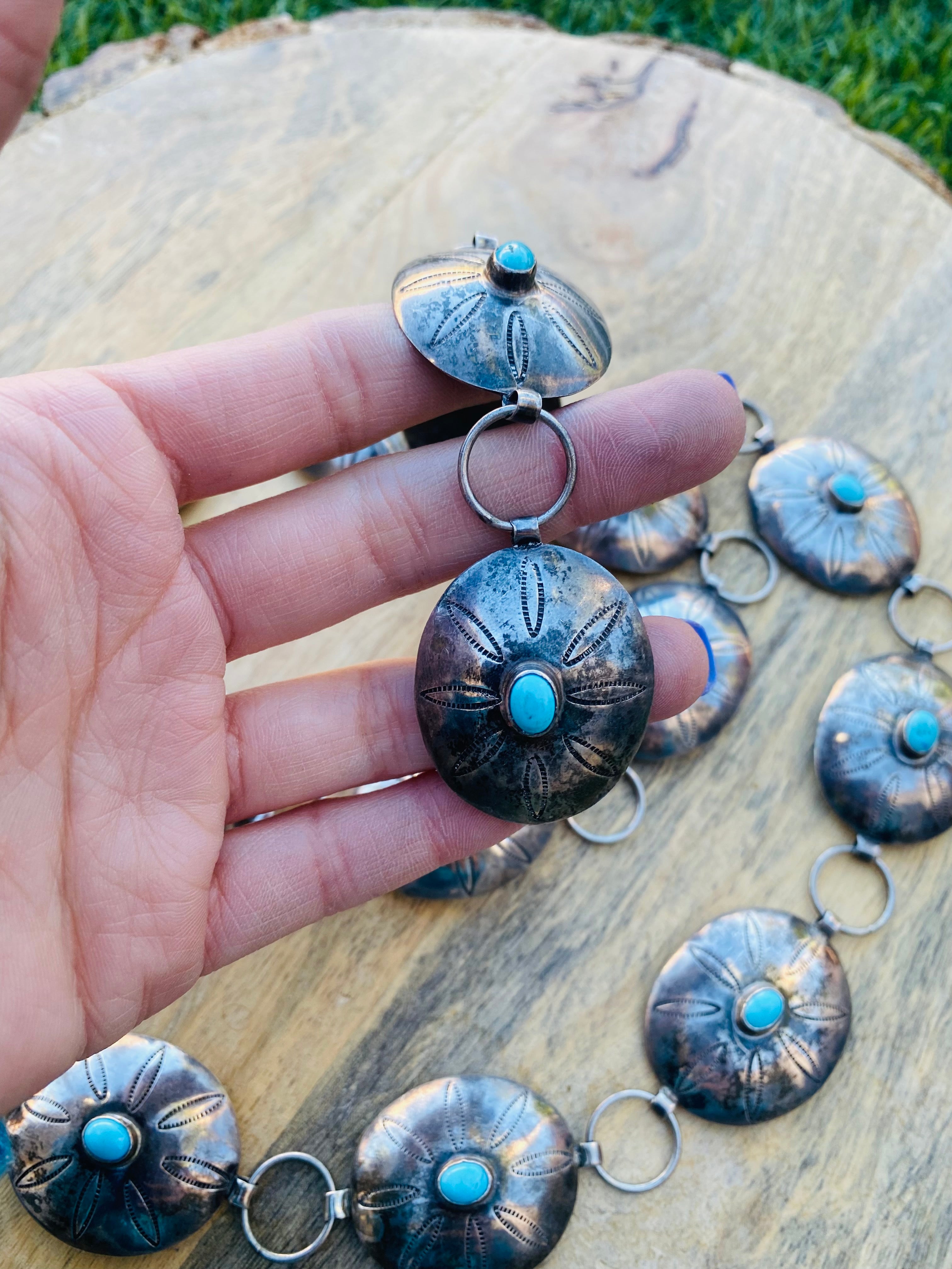 Handcrafted Vintage Turquoise & Sterling Silver Concho Belt