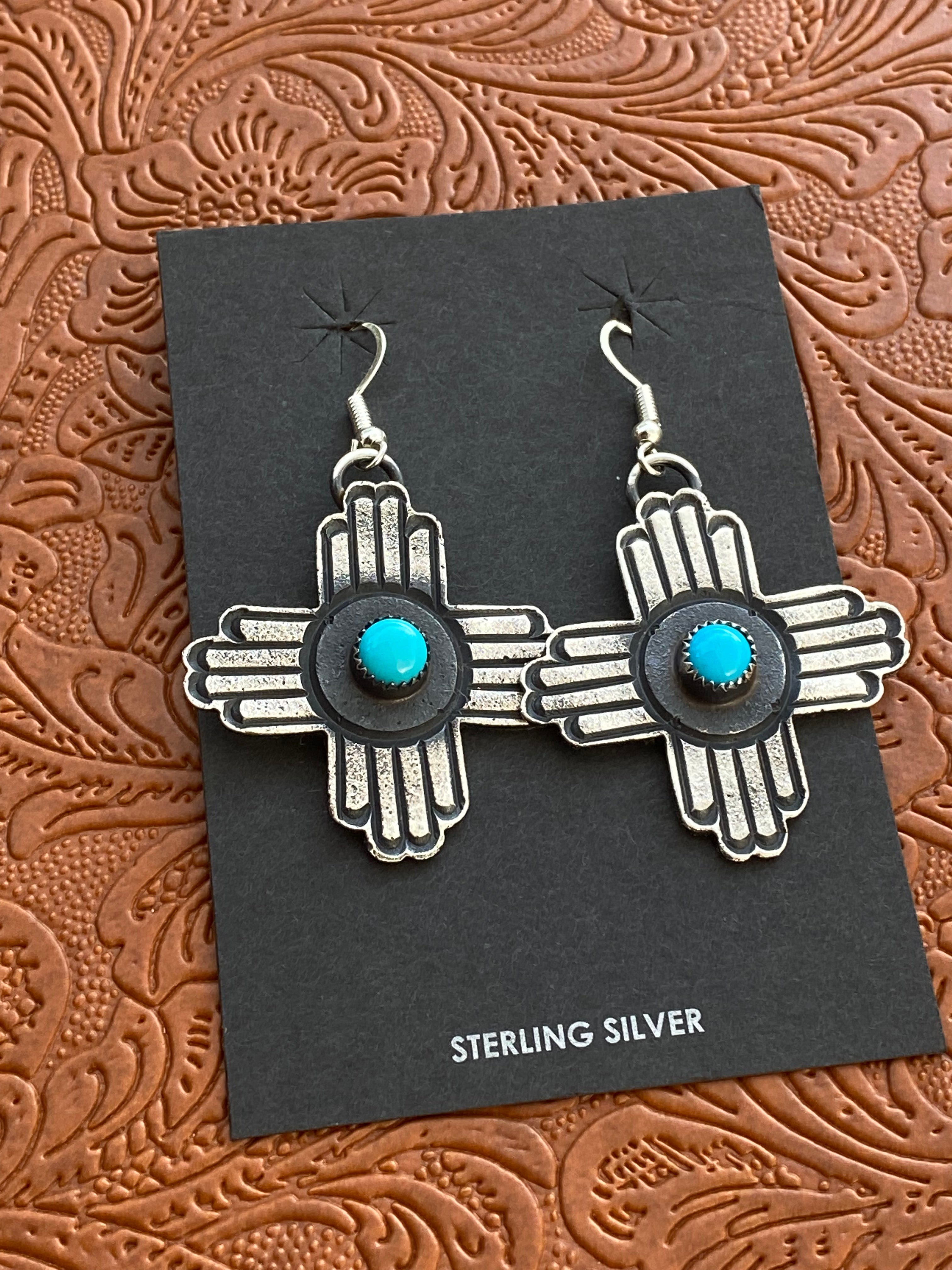 Handcrafted Turquoise & Sterling Silver Zia Dangle Earrings By Kevin Billah
