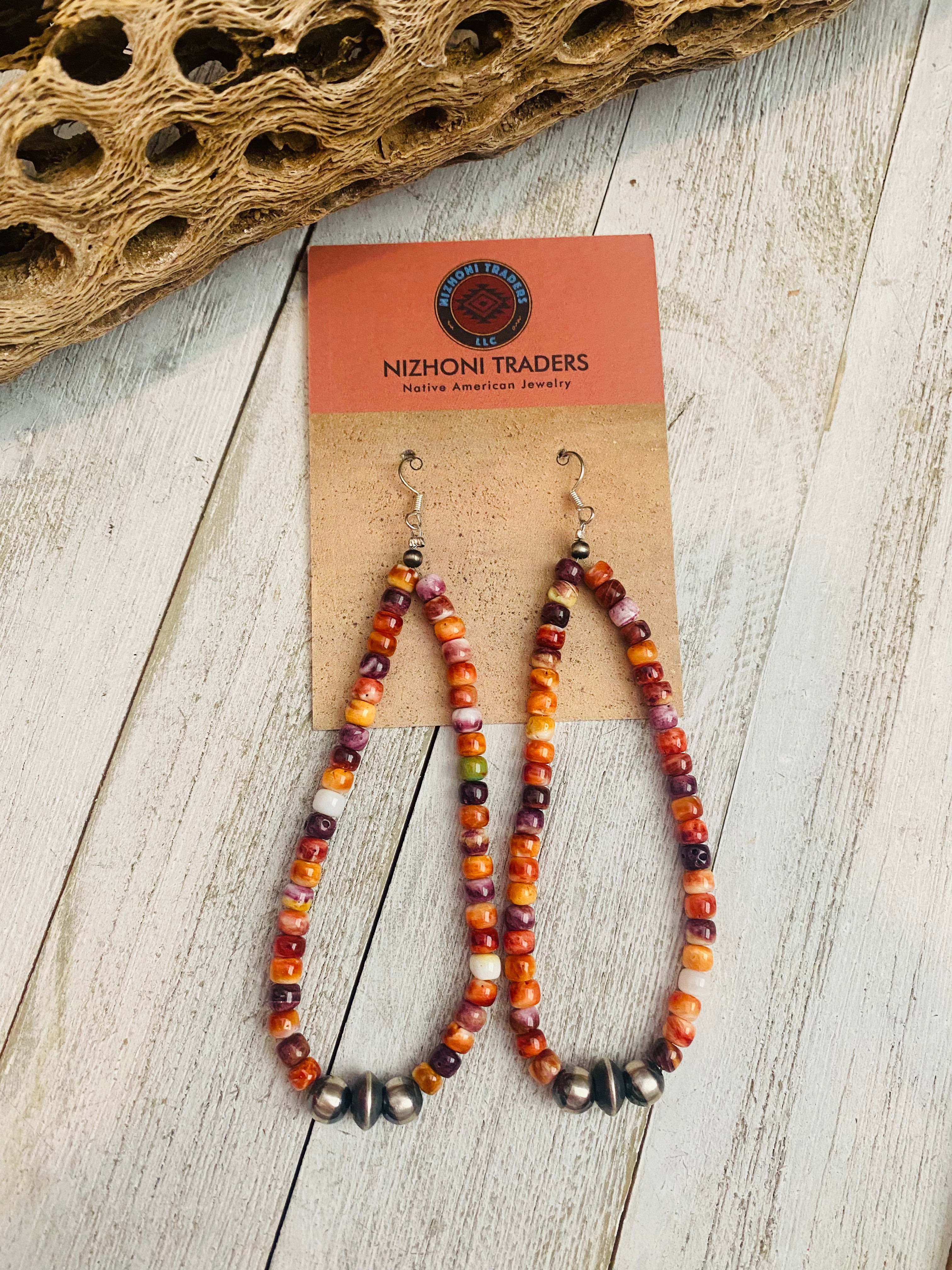 Handcrafted Spiny, Turquoise & Sterling Silver Pearl Dangle Hoop Earrings