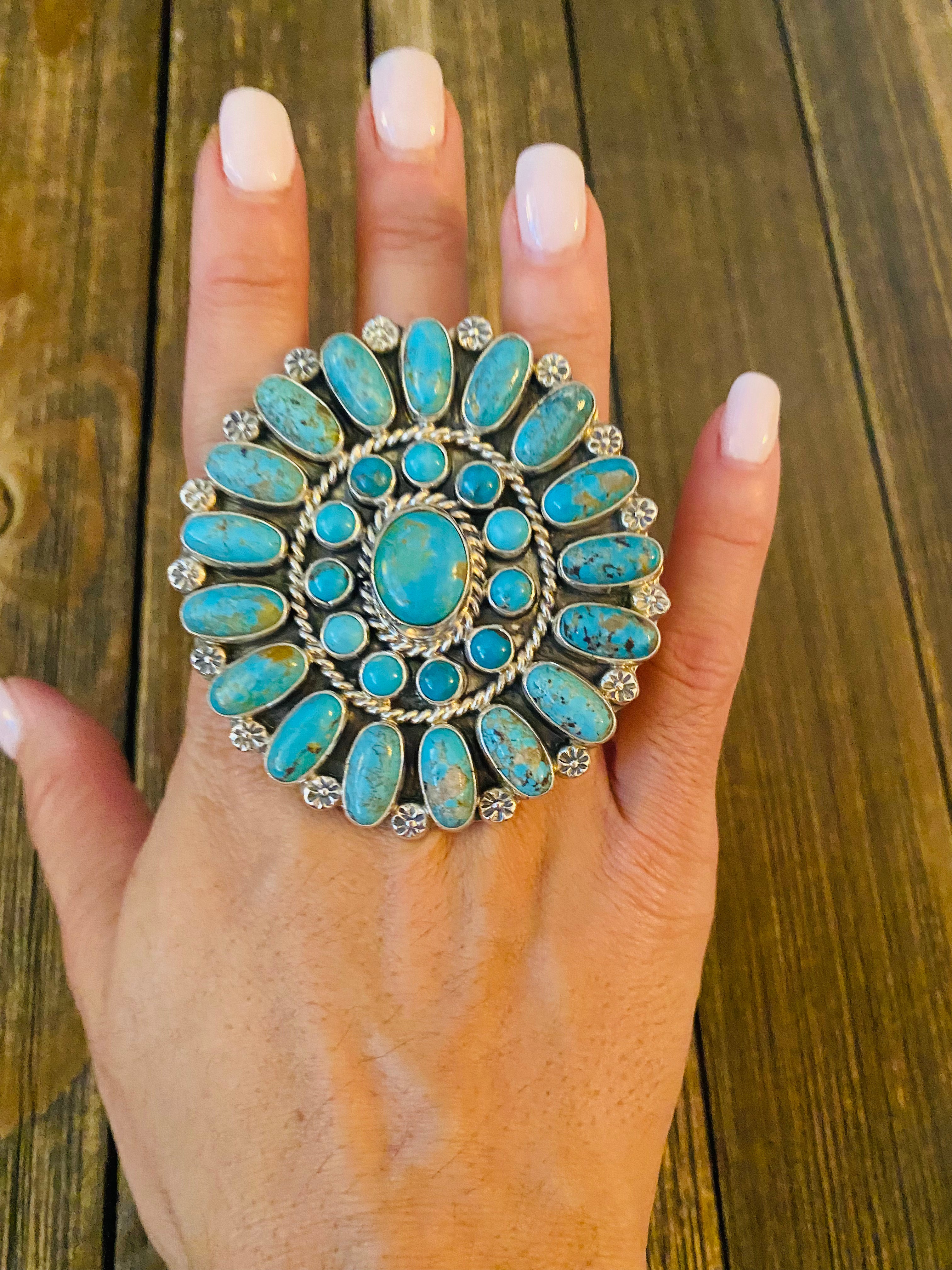 Handcrafted Kingman Turquoise & Sterling Silver Adjustable Cluster Ring