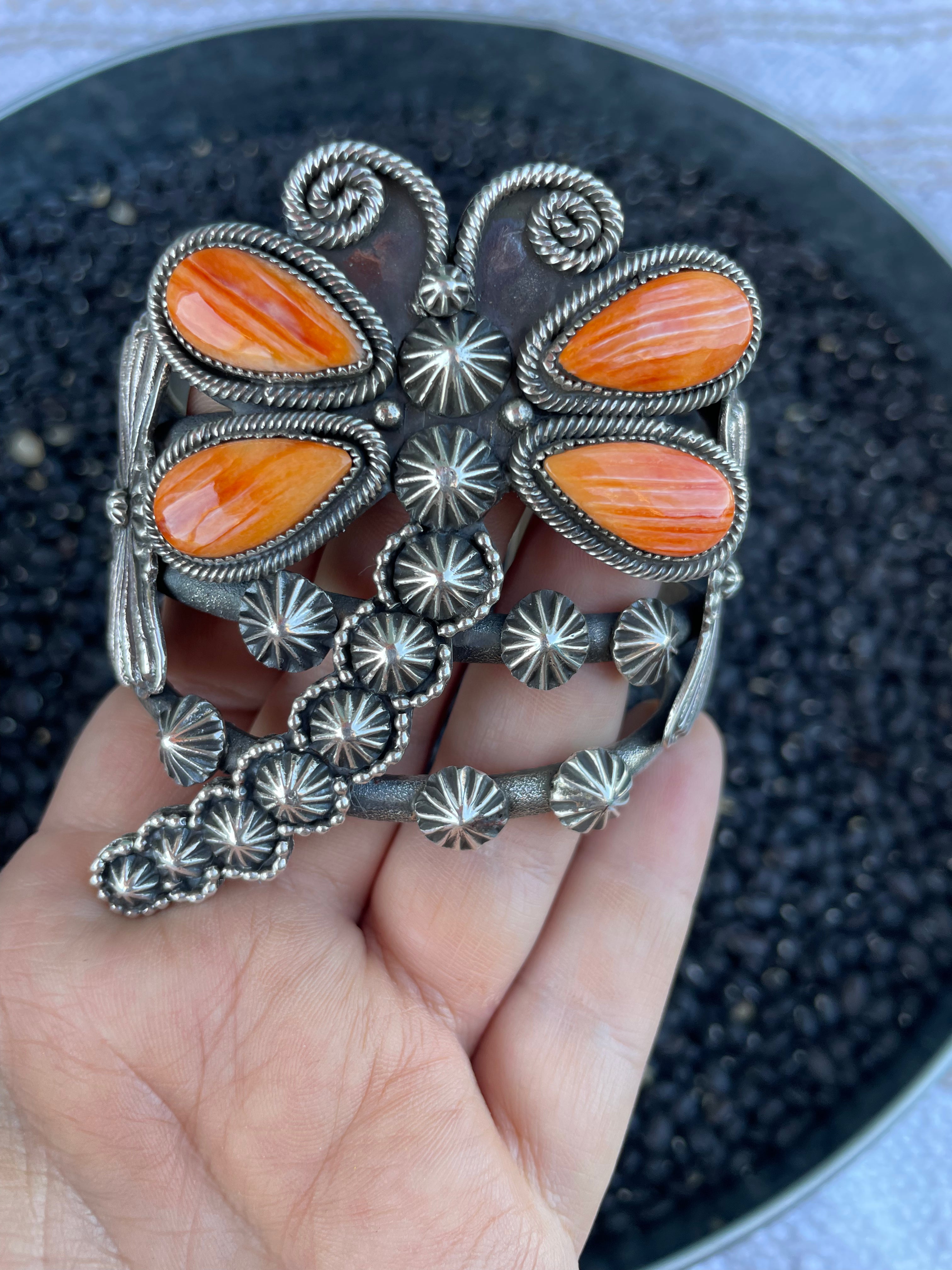 Handcrafted Sterling Silver And Orange Spiny Dragonfly Cuff Bracelet By K Billah