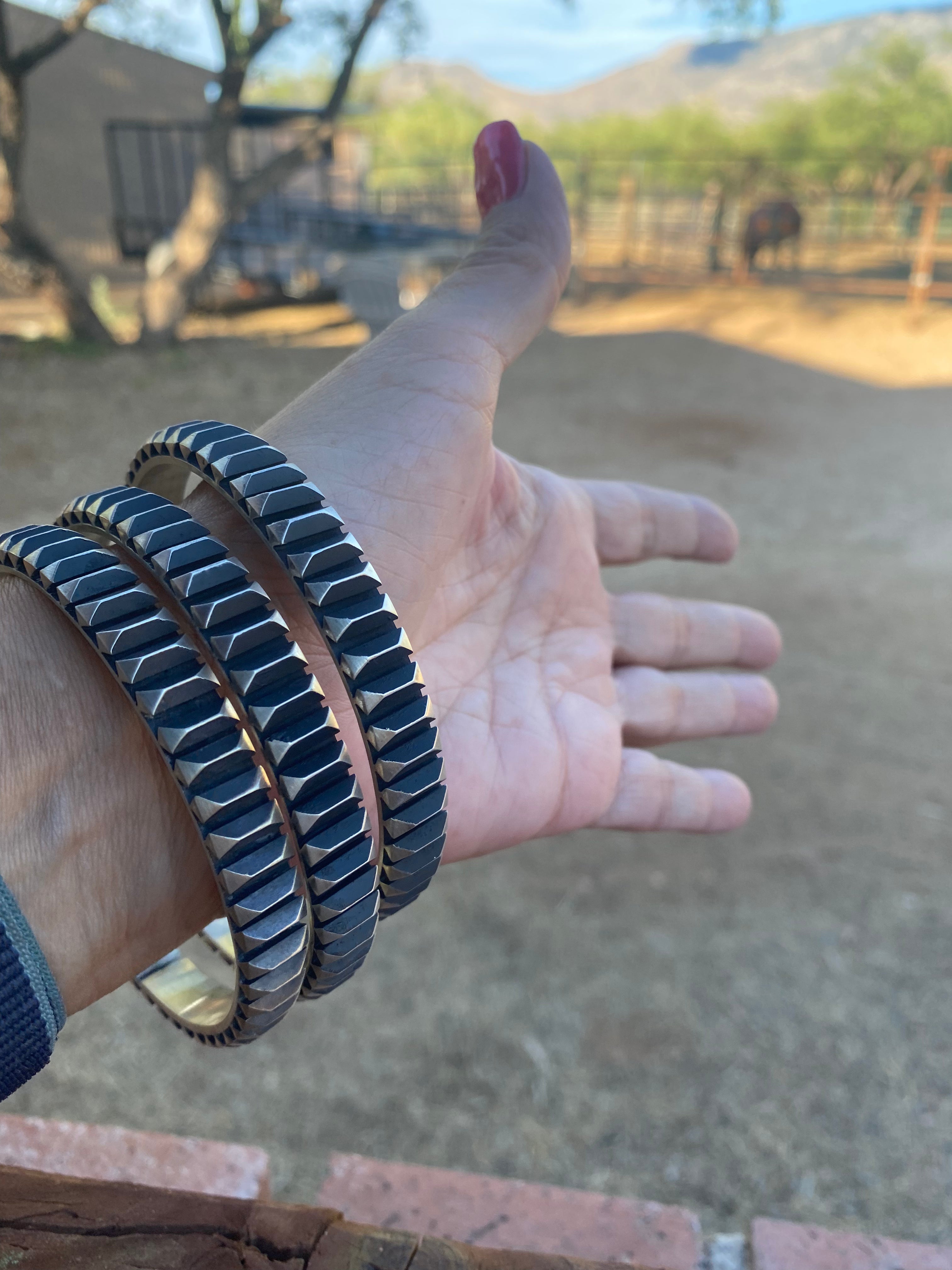 Leander Tahe Hand Stamped Sterling Navajo Bangle Signed