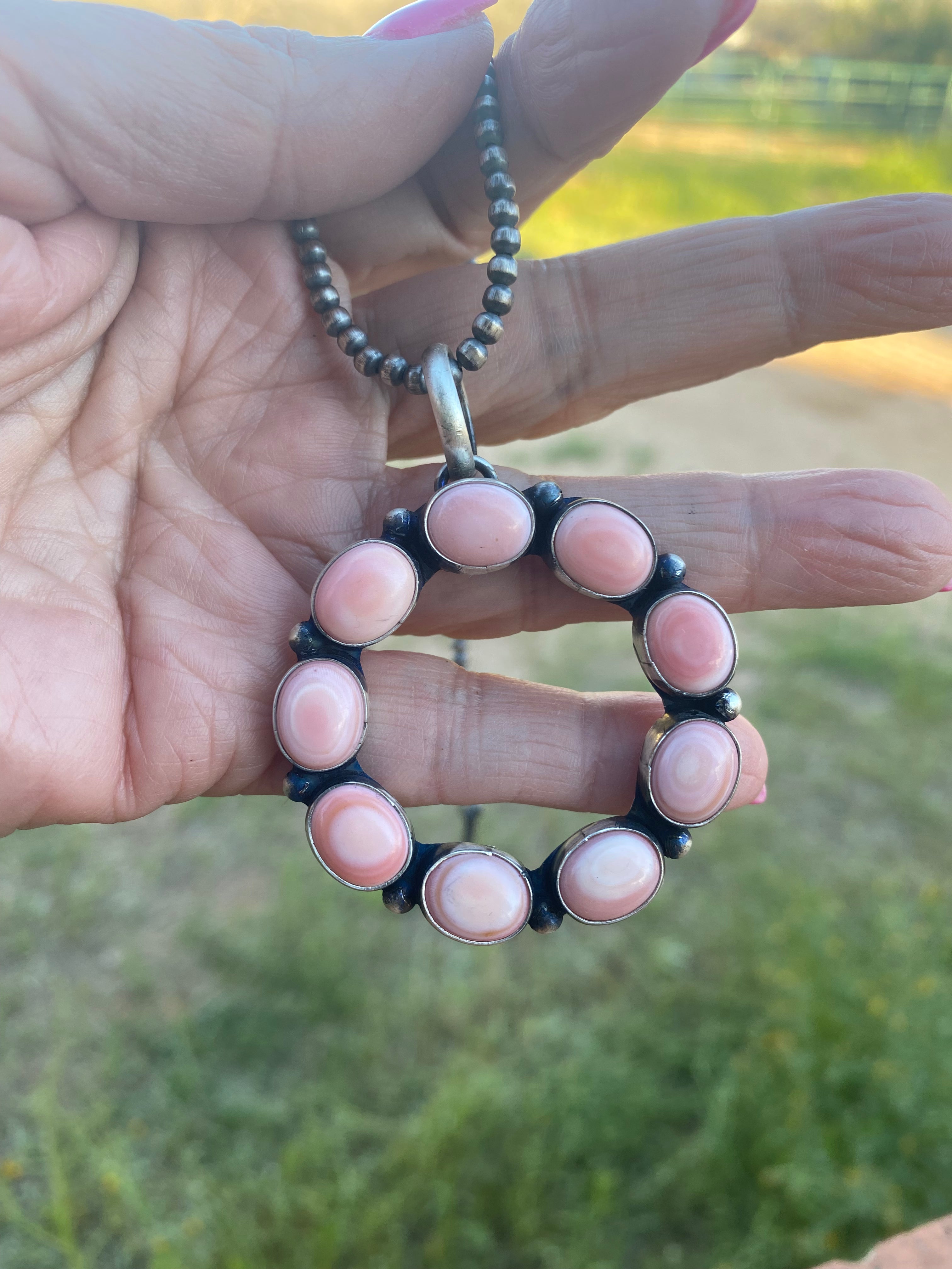 Handcrafted Round Queen Pink Conch & Sterling Silver Pendant Signed