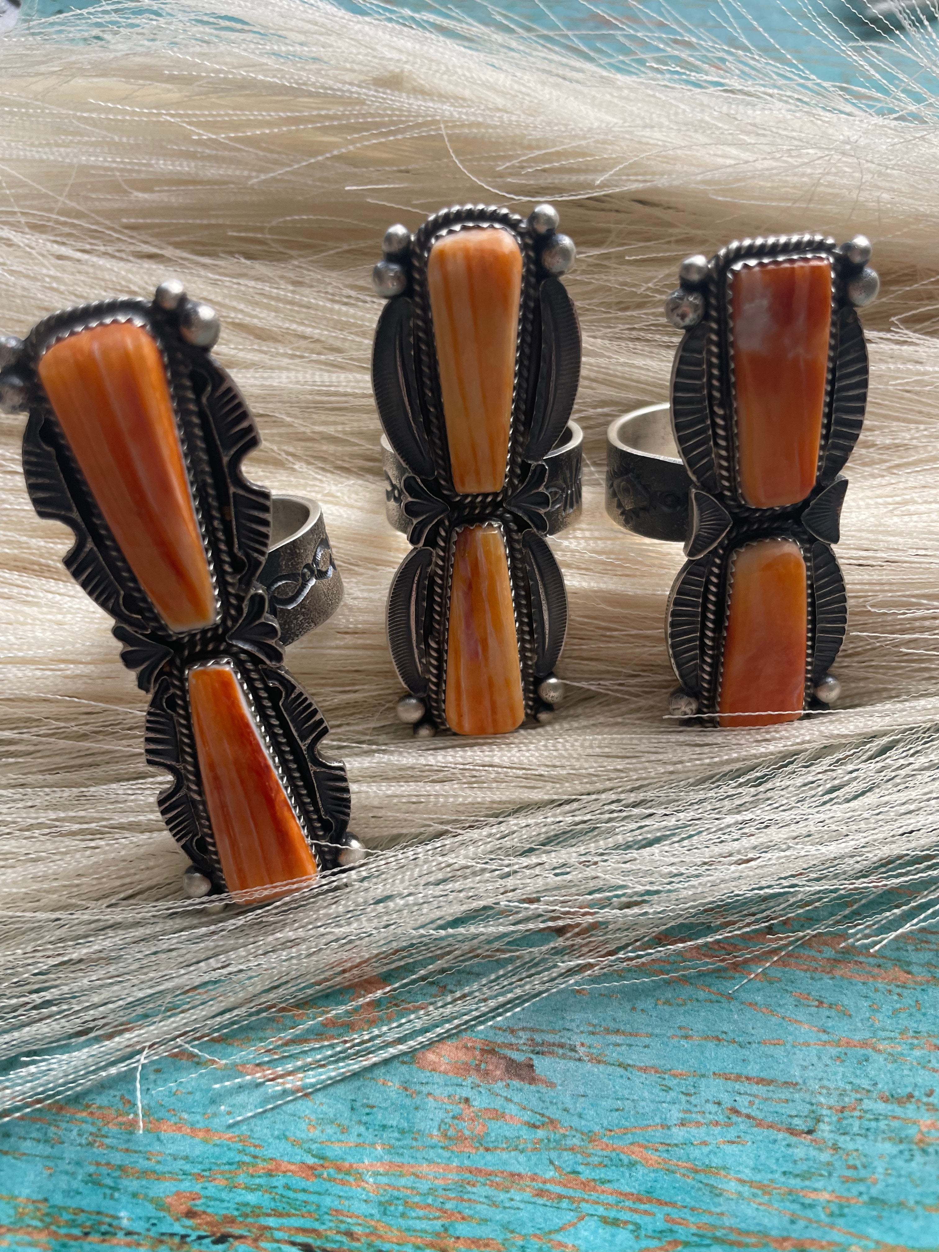 Kevin Billah Handcrafted Sterling & 2 Stone Orange Spiny Ring Adjustable