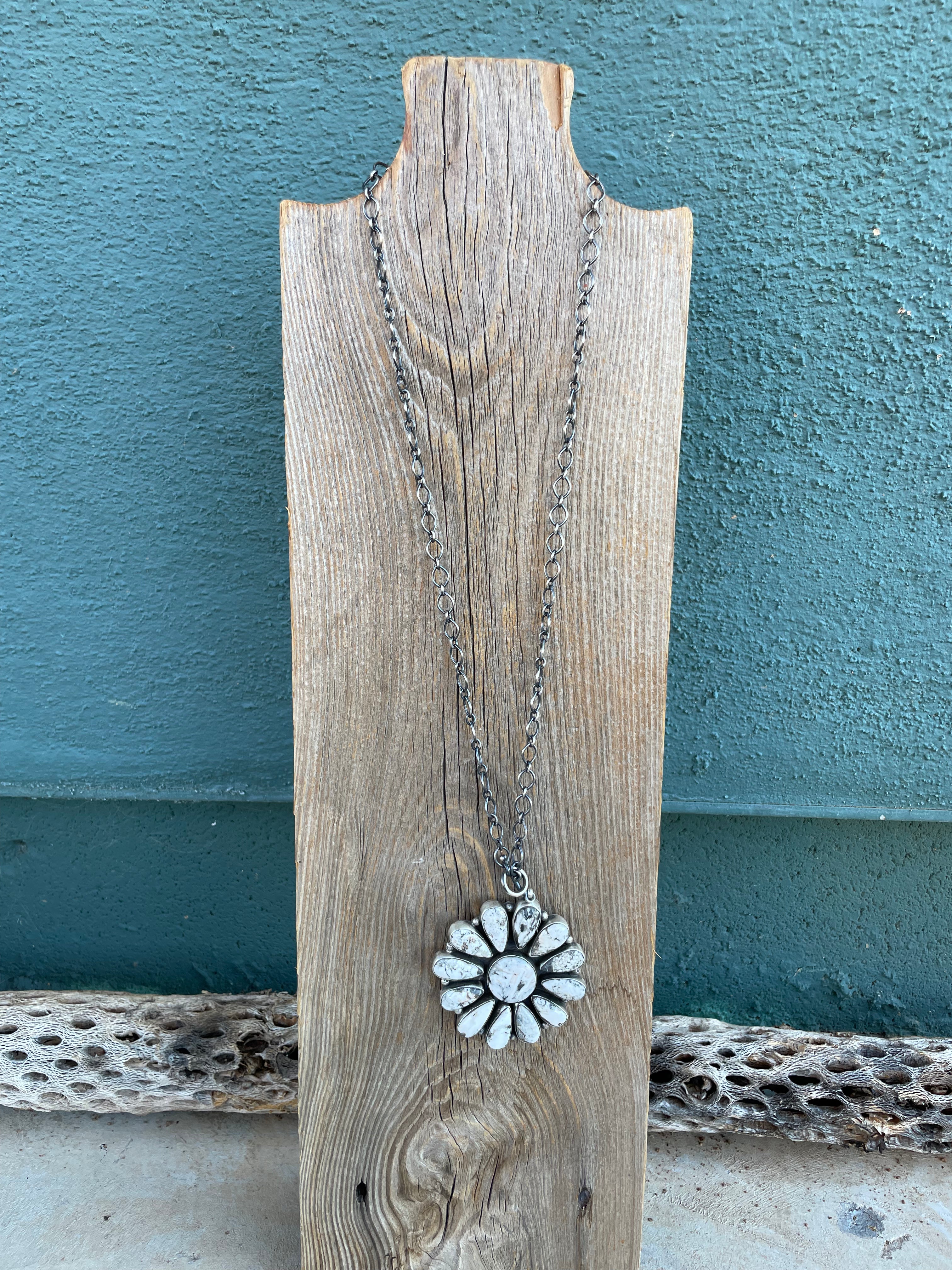 Navajo Sterling Silver And White Buffalo Cluster Necklace By Ella Peter