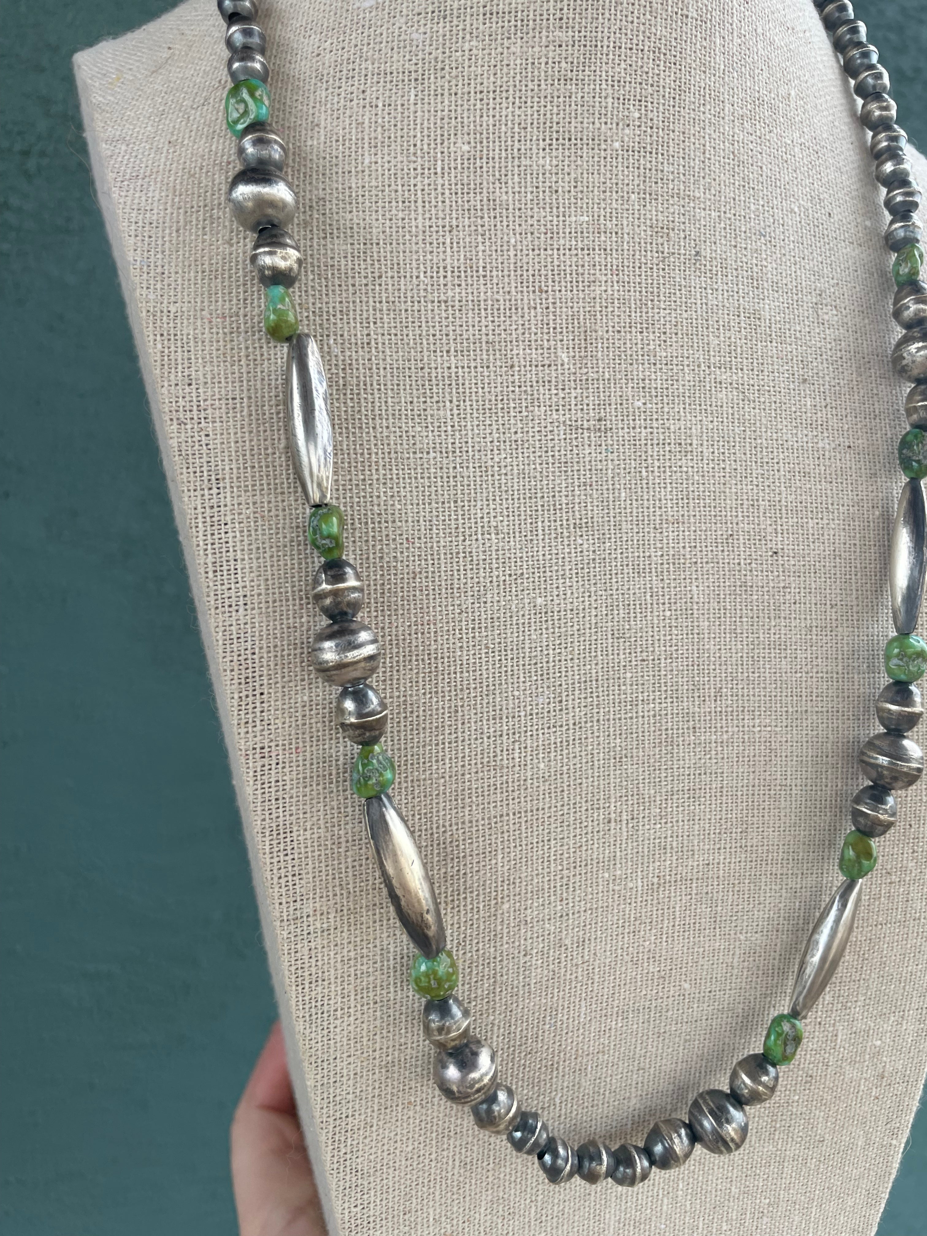 Handcrafted Sonoran Gold Turquoise And Sterling Silver Beaded Necklace 24”