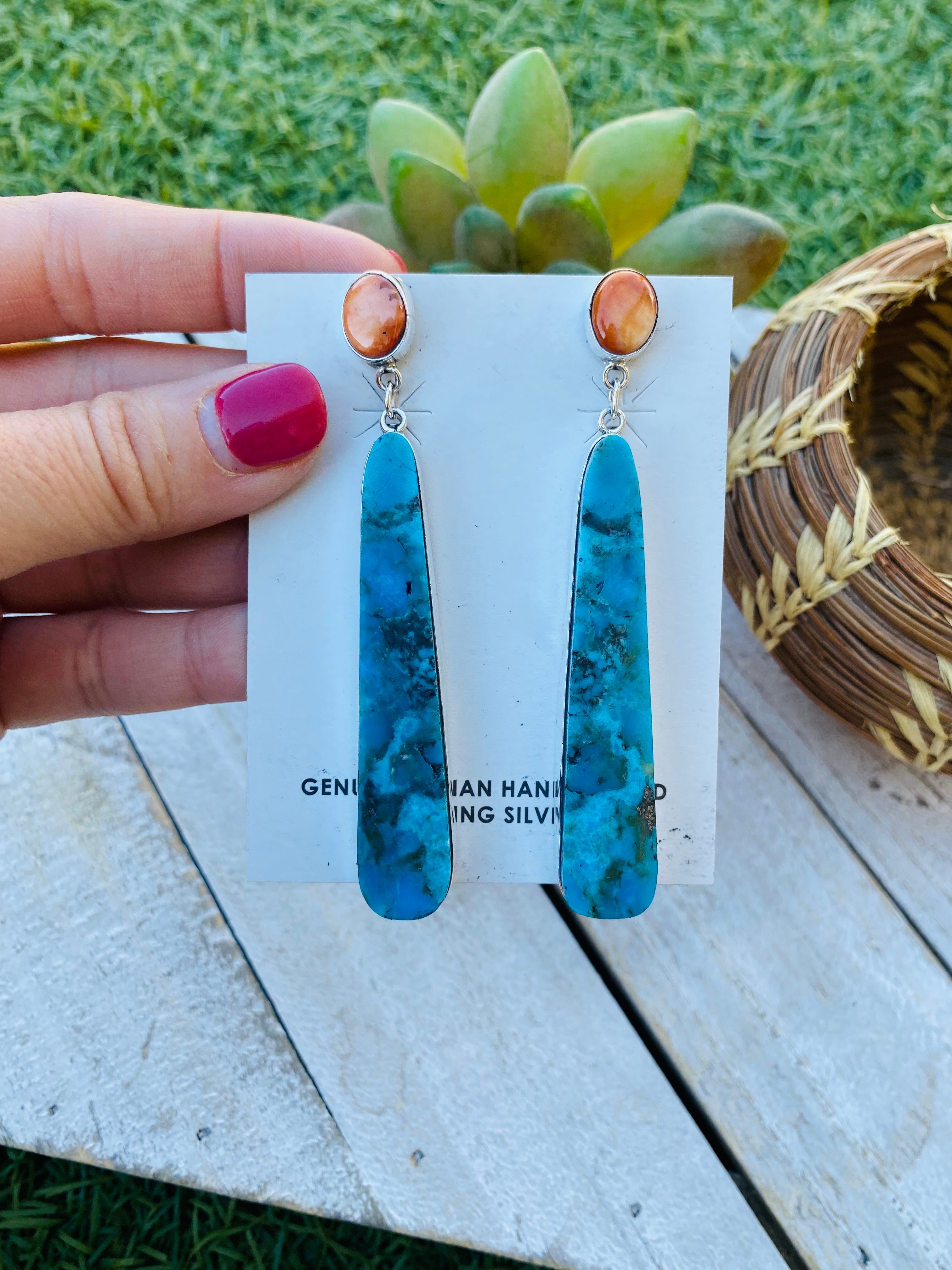 Handcrafted Sterling Silver, Turquoise & Orange Spiny Slab Dangle Earrings