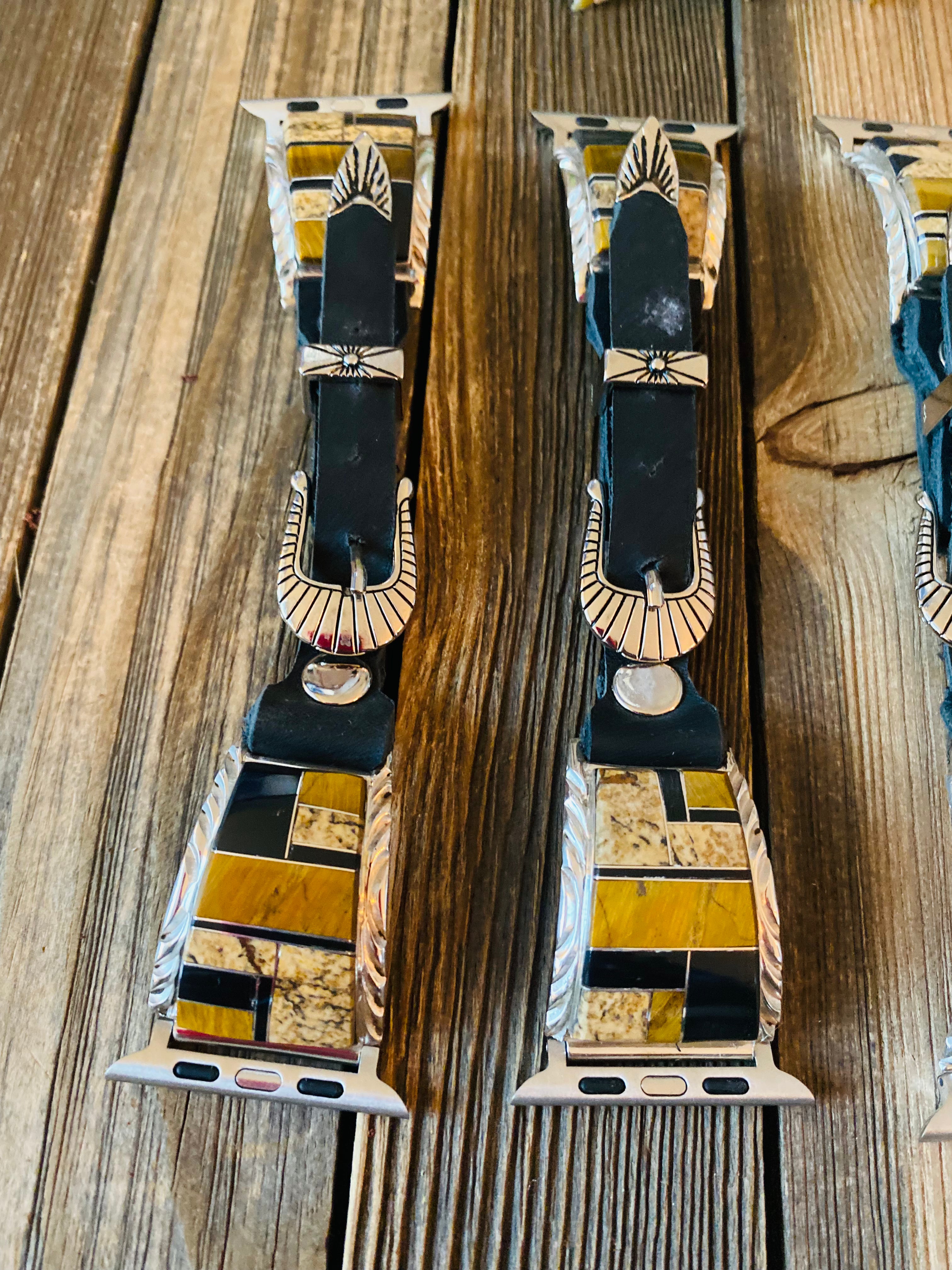 Handcrafted Multi Stone, Sterling Silver & Black Leather Smartphone Watch Band