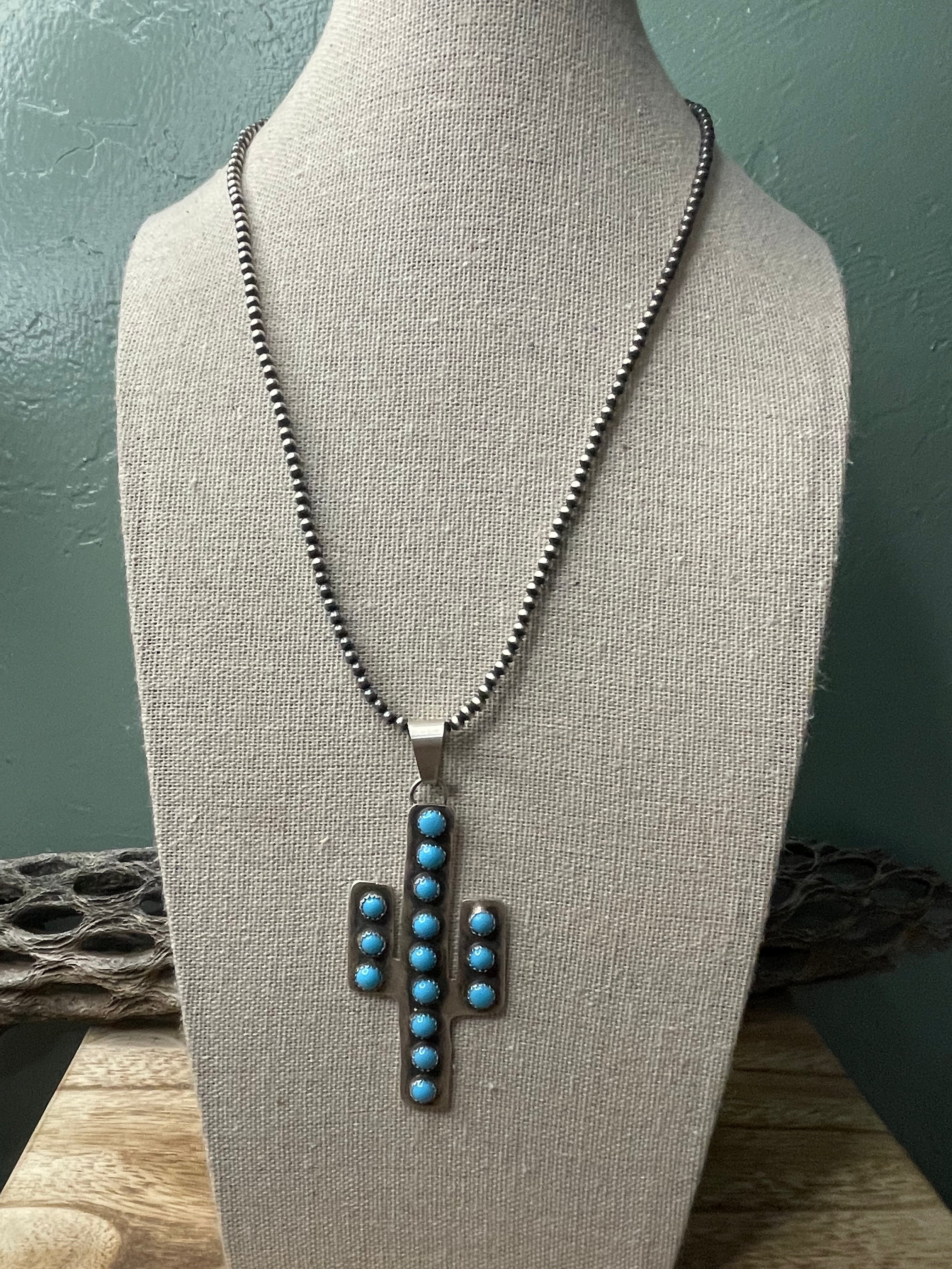 Handcrafted Sterling Silver & Turquoise Cactus Necklace