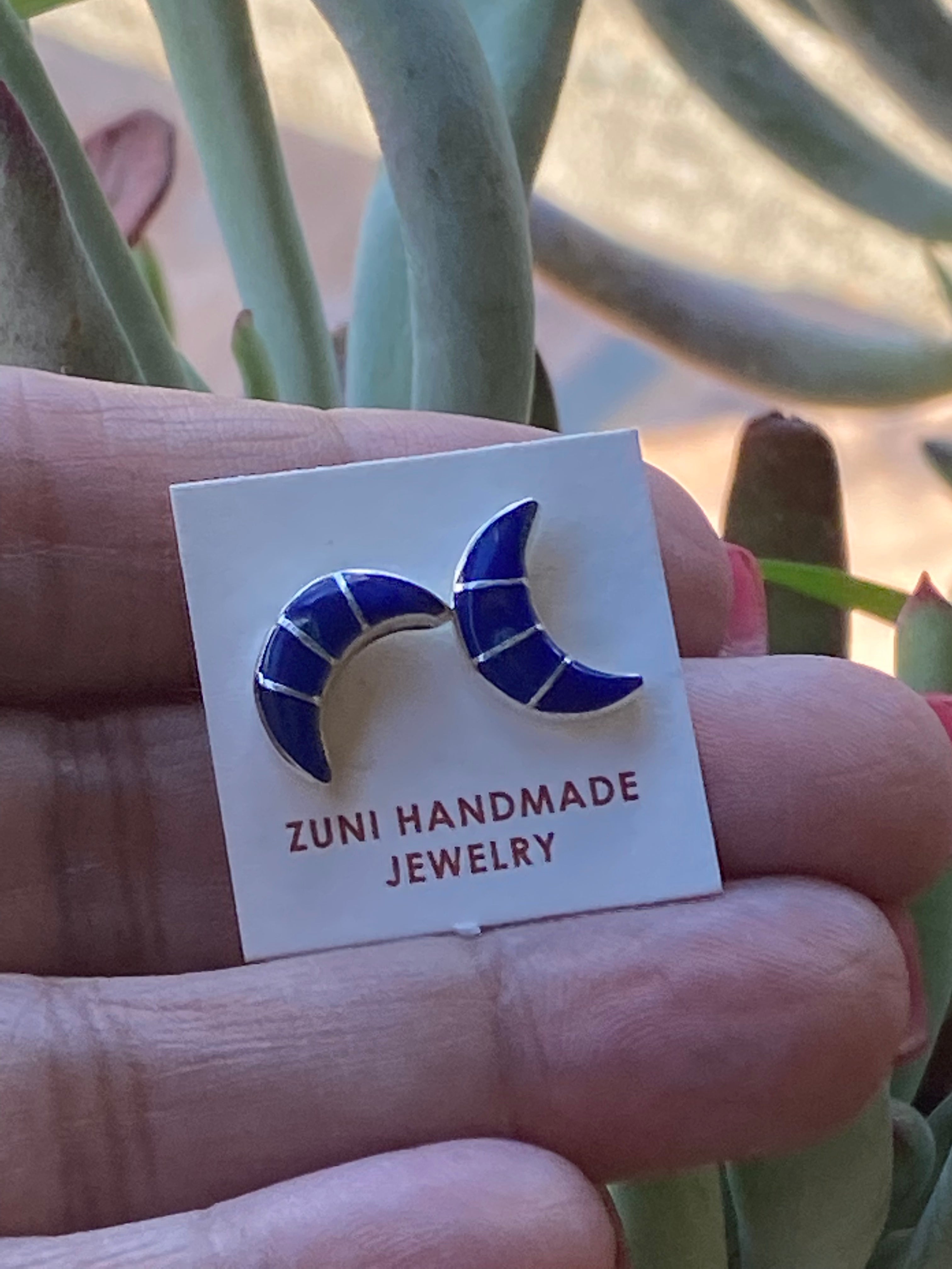 Handcrafted Sterling Silver & Lapis Inlay Moon Stud Earrings